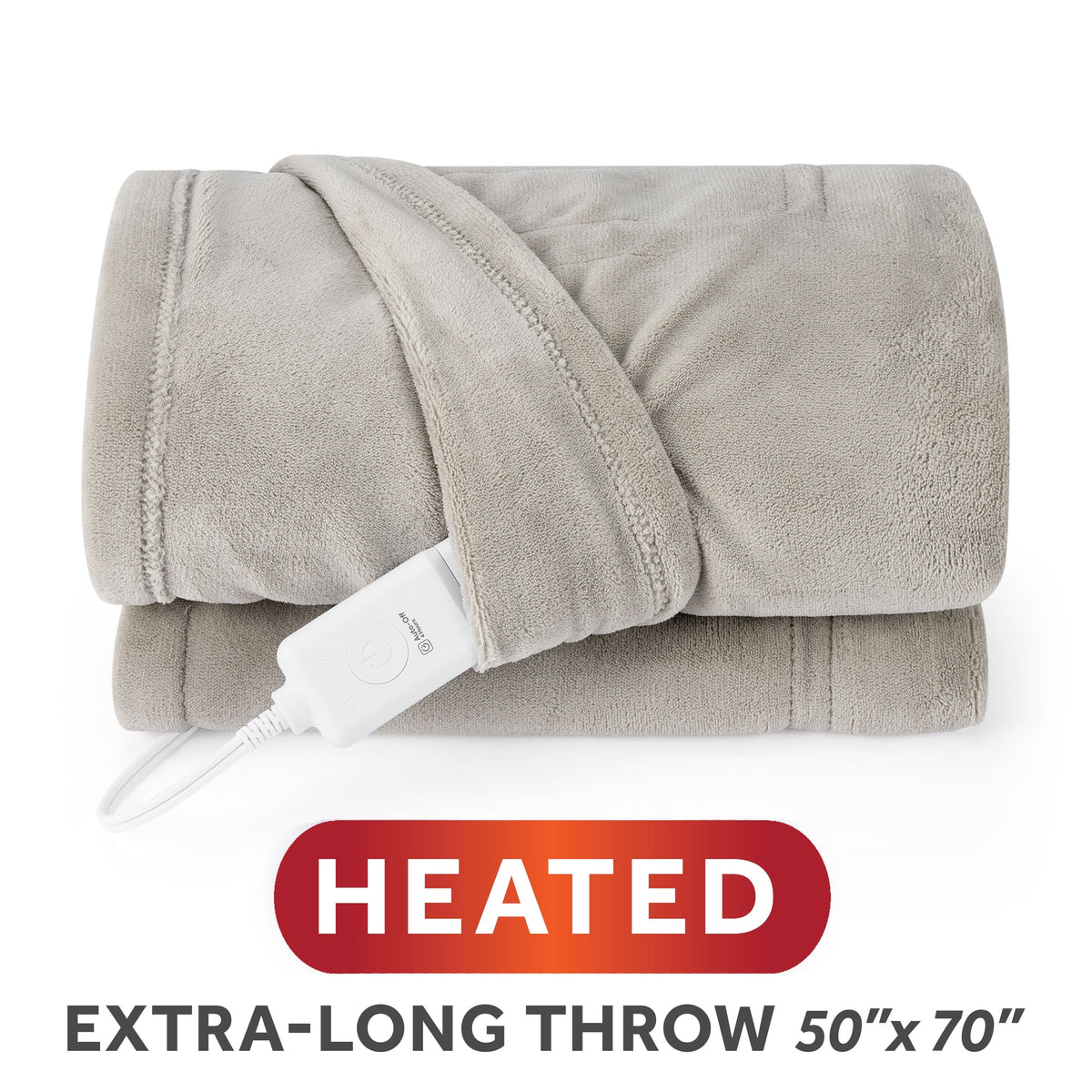 Sunbeam Heated Electric Microplush Throw Blanket, Light Gray, 4 Heat Settings, 50 x 70 in