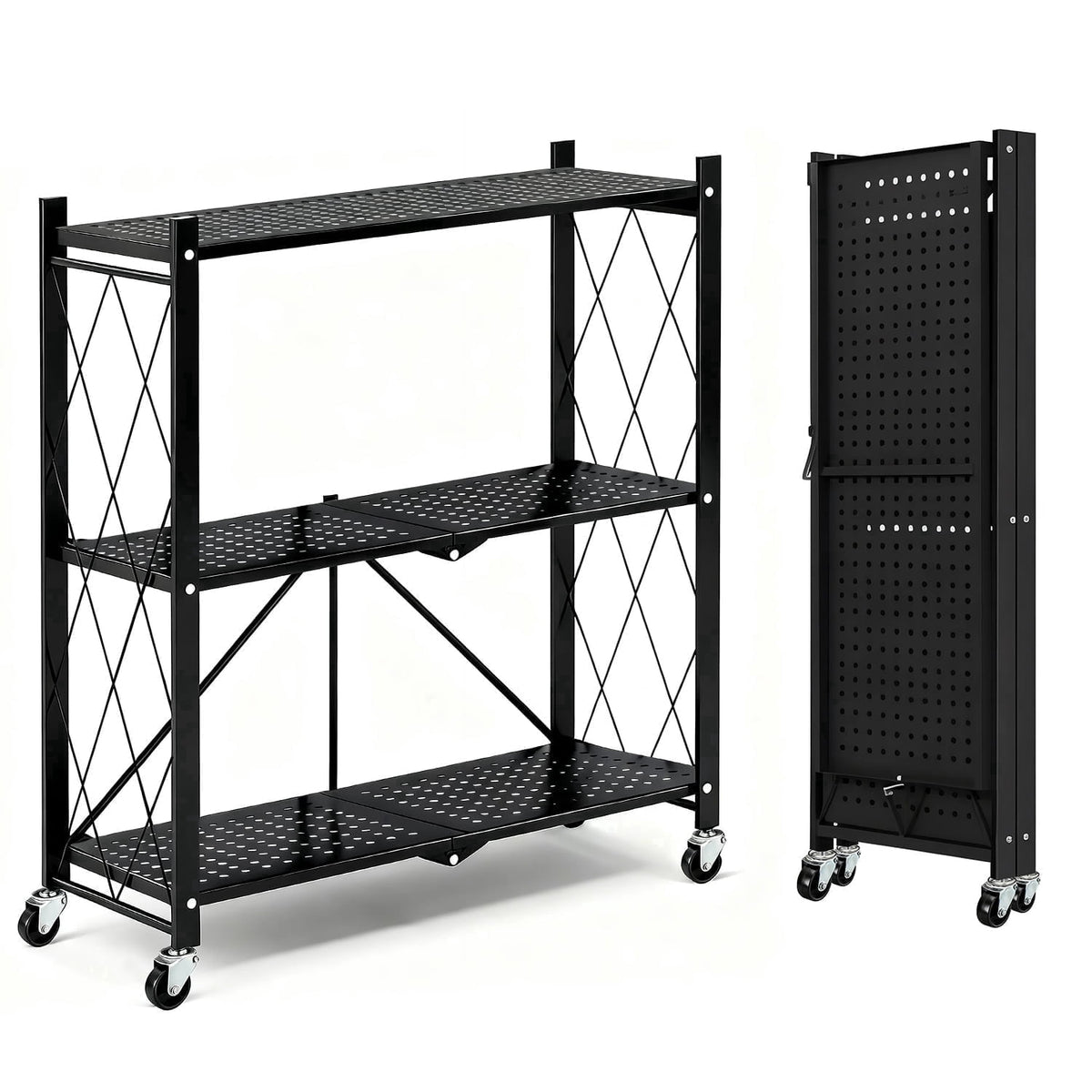 TAIMASI 3-Tier Foldable Metal Shelf with Wheels, Heavy-Duty Movable Wire Rack for Garage, Kitchen, Basement, Pantry Storage, 28''L x 13.4''W x
