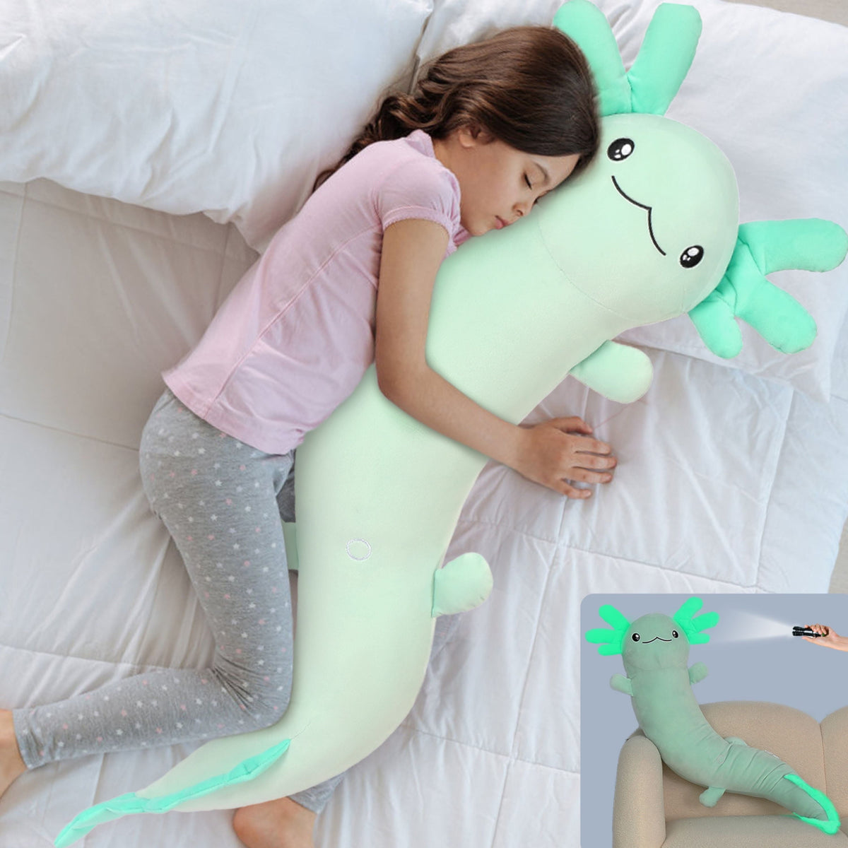 Tezituor 48'' Axolotl Stuffed Animal Giant Stuffed Axolotl Glow in The Dark Plush Toy