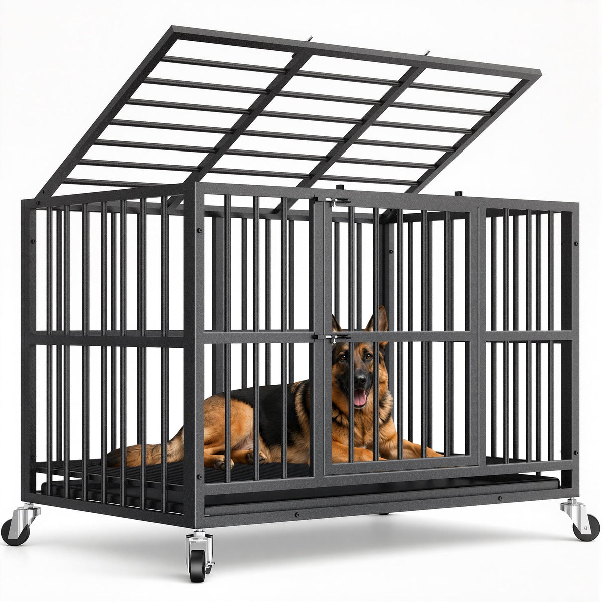 TIME RAY 48 Inch Heavy Duty Dog Crate Cage for Large Dog with Steel Escape Proof, Indoor & Outdoor Double Doors,Lockable Wheels and Removable Tray