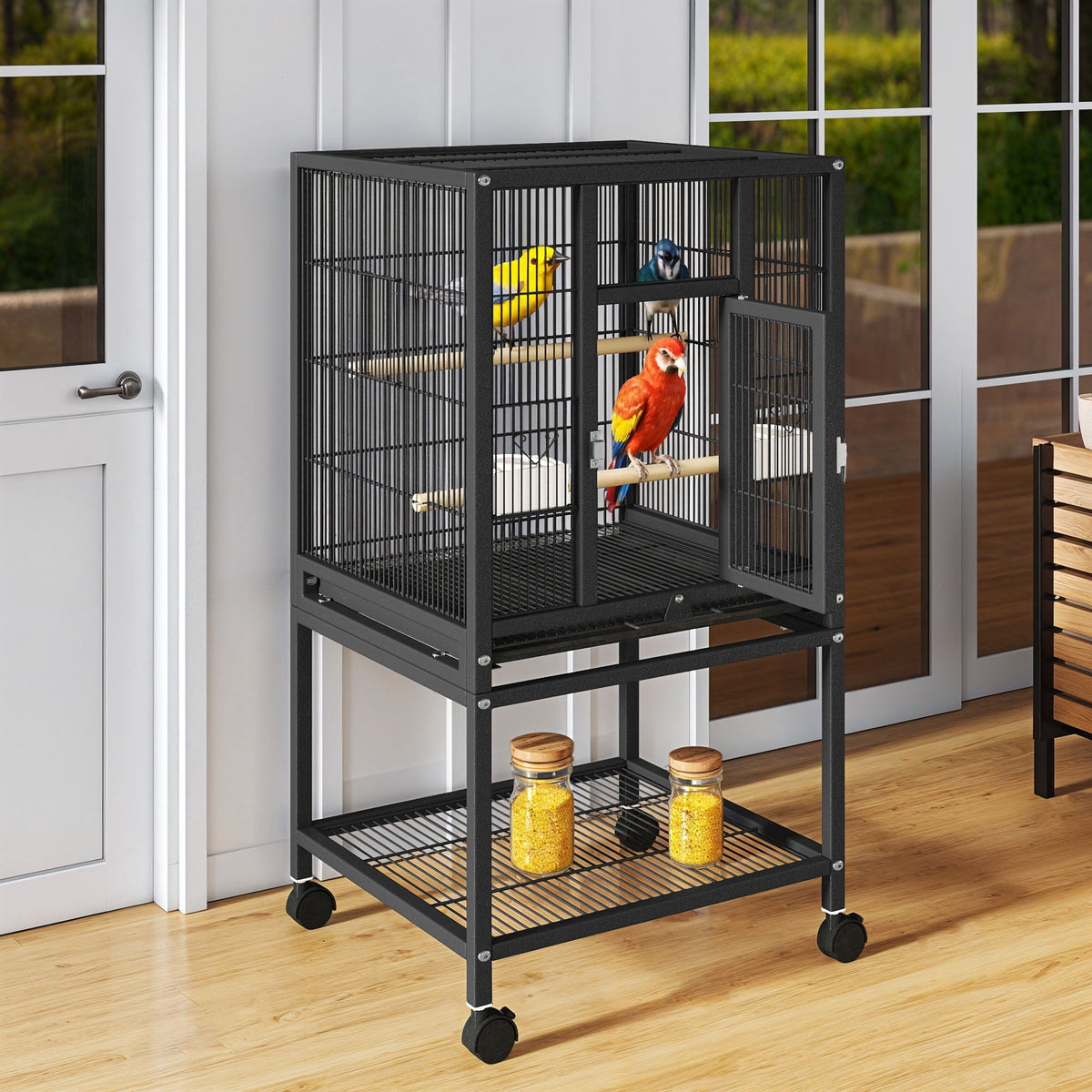 Uforic 41" Metal Bird cage with Rolling Stand, Tray, 2 Perches and 2 Feeders, Black
