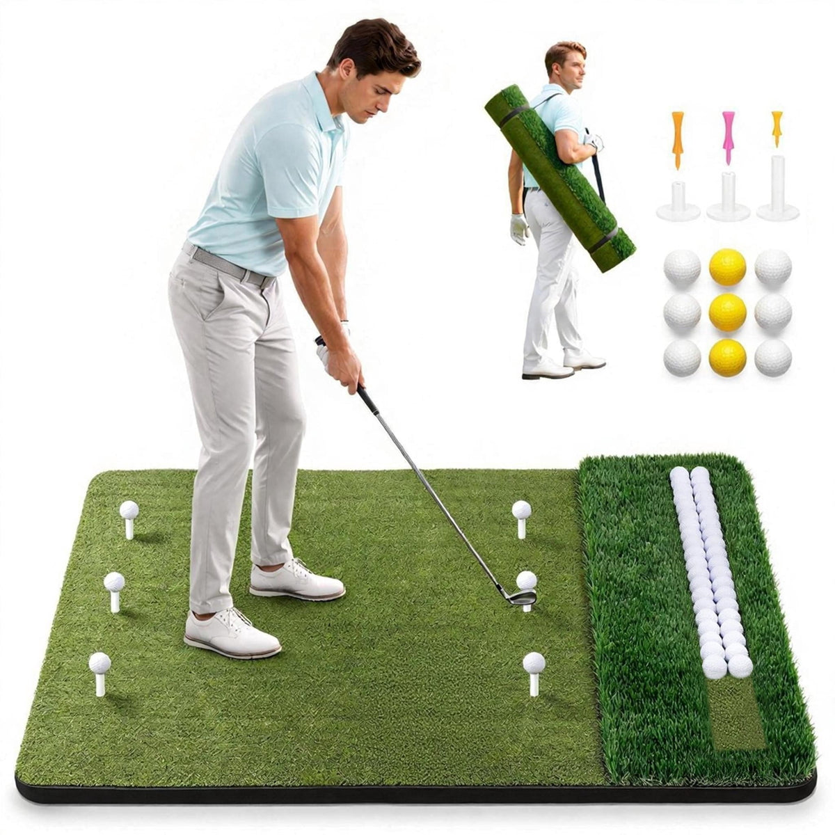 Vipuse 5*4FT Premium Golf Hitting Mat - Indoor/Outdoor Golf Practice Mat with Fairway & Rough Turf, Includes Golf Balls, Tees & Strap, Perfect for
