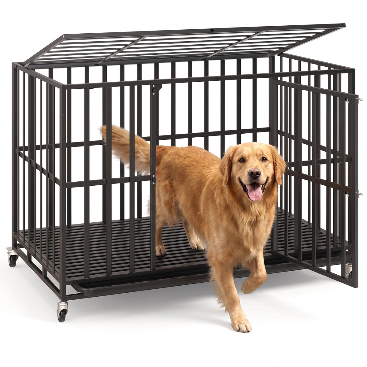 Waleaf 48 Inch Heavy Duty Dog Crate, Indestructible Dog Kennel Indoor, Escape Proof Pet Cage for Large Dogs, High Anxiety Dog Crate with Double Door
