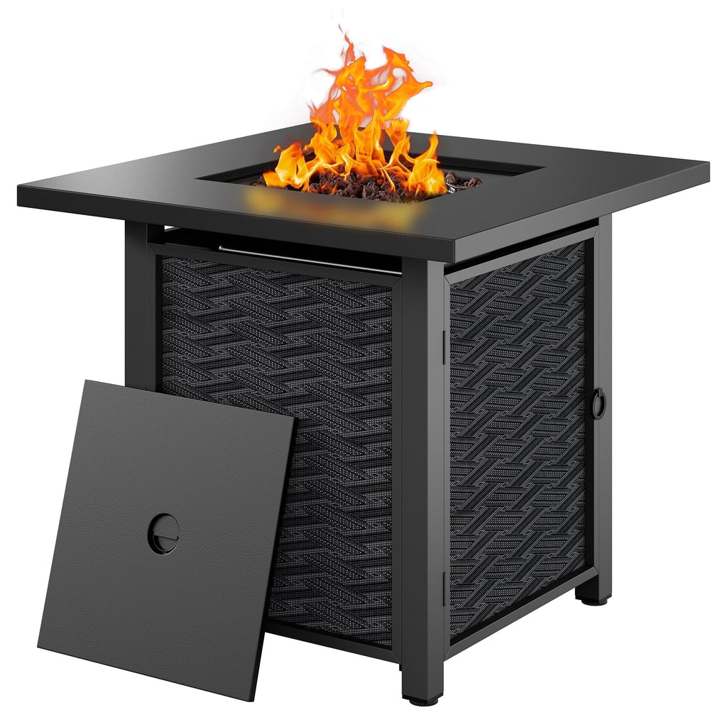 Walsunny 28" Propane Fire Pit Table 50,000 BTU Steel Gas Fire Pit with Removable Lid & Waterproof Cover and Tables