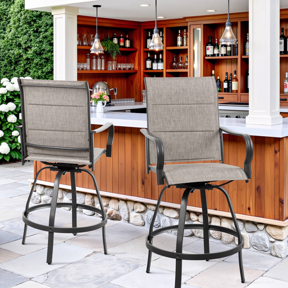 Walsunny Patio Swivel Bar Stools Set of 2, Outdoor Bar Height Patio Stools & Bar Chairs with High Back and Armrest for Backyard, Lawn Garden, Balcony
