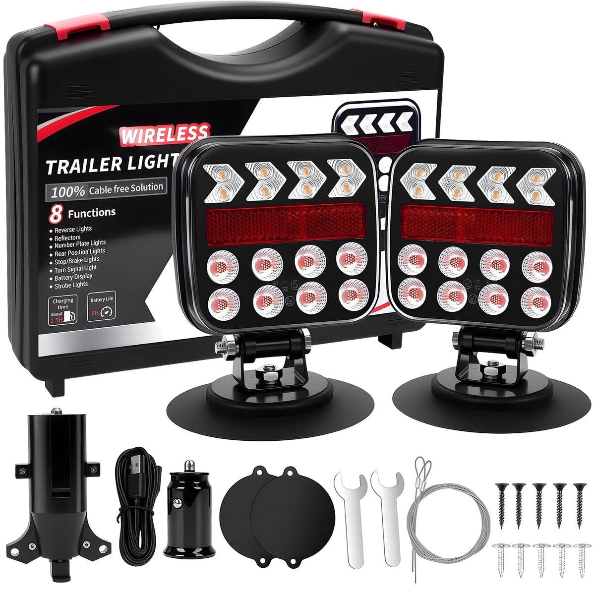 West Bay Magnetic Wireless Trailer Lights, 2 Pack Tow Light with Reflectors, Rechargeable Adjustable Tail Light Kit for Trucks, Boats, RVs, Campers