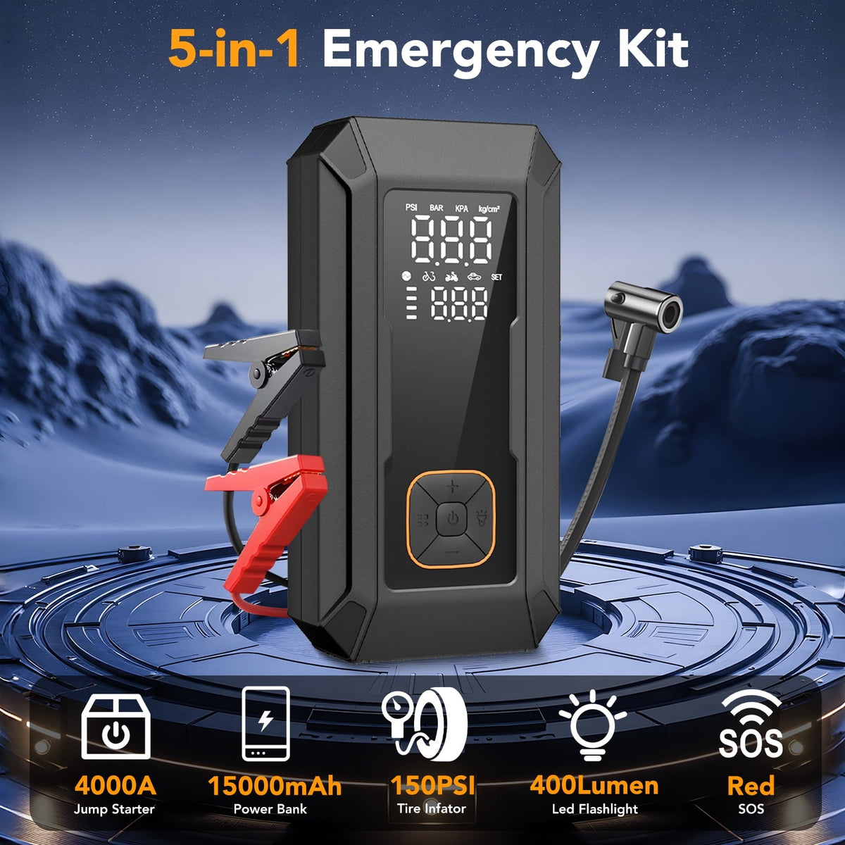 KT1 Car Jump Starter with Air Compressor, 150 PSI, Power Bank, 4000A Jump Starter, Fast Inflation for Car Tires, Bikes, SUV, Trucks & More - Portable