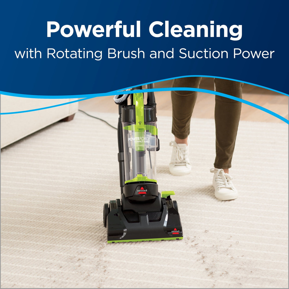 BISSELL PowerForce Compact Turbo, Bagless, Upright Vacuum, Powerful Suction, East Empty Dirt Tank, Lightweight, High Reach Wand, 2690, Green & Black
