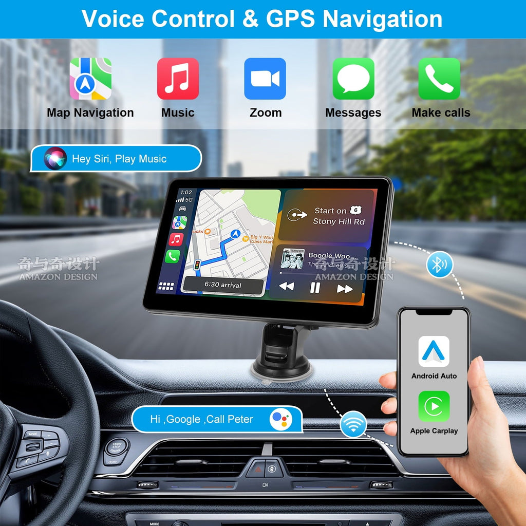 Wireless Apple Carplay Screen for Car, 7" HD Touch Screen Portable Car Stereo for Carplay & Android Auto, Pantalla Para Carros with Bluetooth, AUX