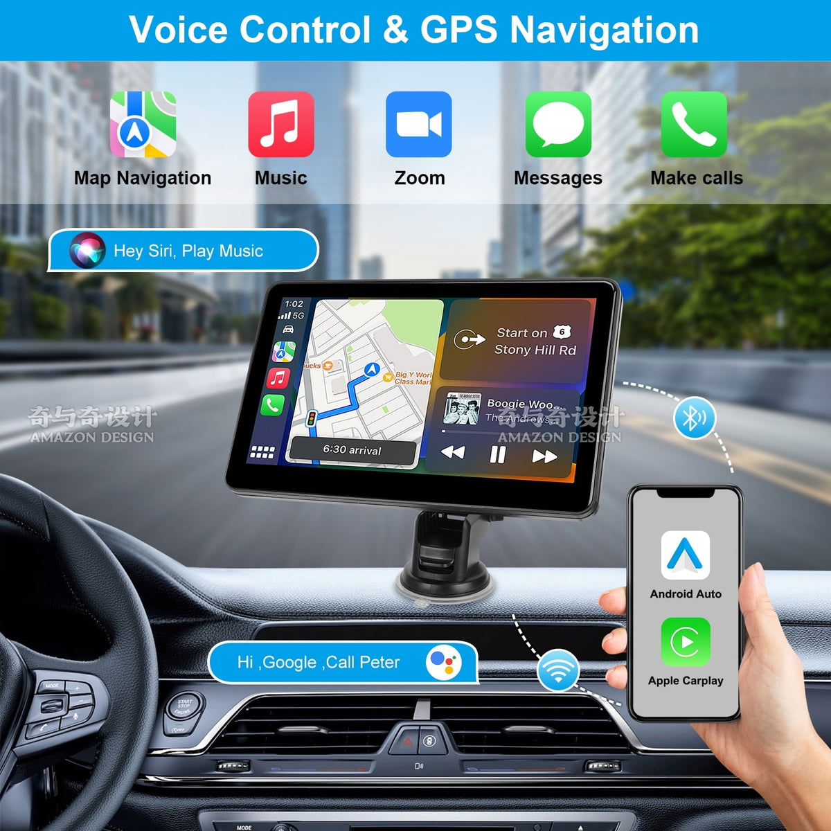 Wireless Apple Carplay Screen for Car, 7" HD Touch Screen Portable Car Stereo for Carplay & Android Auto, Pantalla Para Carros with Bluetooth, AUX