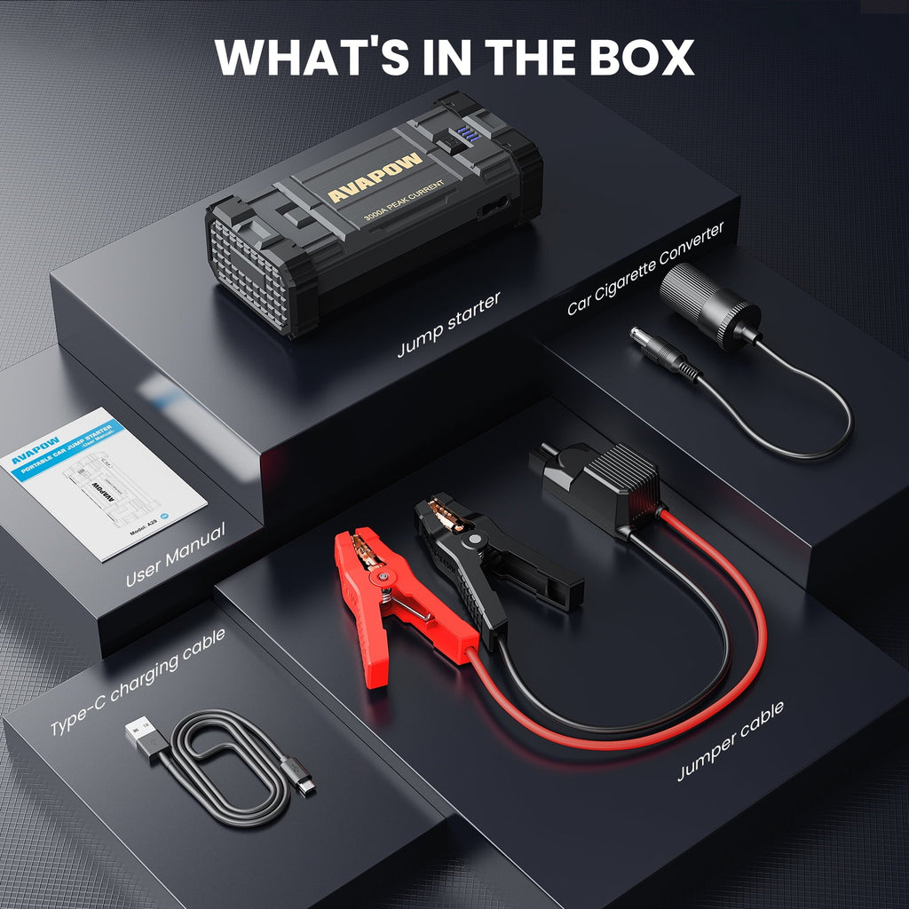 AVAPOW 3000A Car Jump Starter, 23800mAh Portable Battery Booster for 12V Vehicles, Jump Box for Up to 8.0L Gas and 8.0L Diesel Engines, with Smart