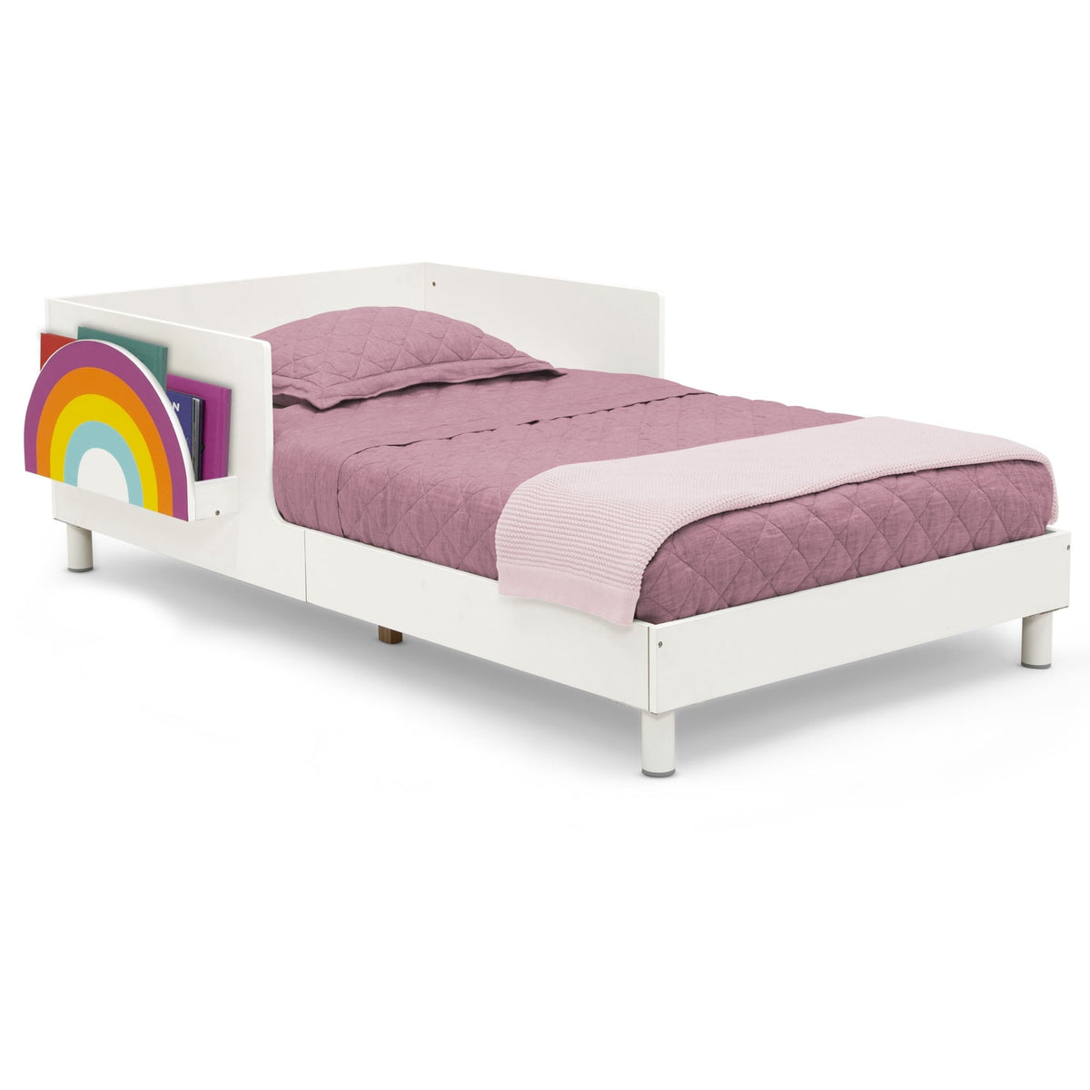 Delta Children Sleep N Store Toddler Bed with Interchangeable Shelf (Choose from Rainbow, Dinosaur or White Shelf), White