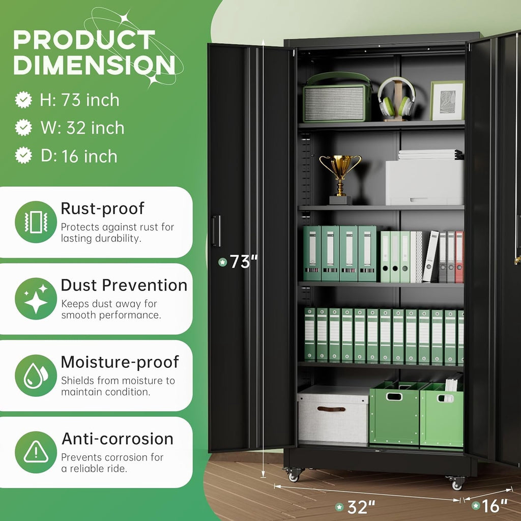 SOLAURA 73 in Metal Storage Cabinet with Wheels, Garage Rolling Cabinet with Locking Doors and 4 Adjustable Shelves, Lockable Tool Storage Cabinets