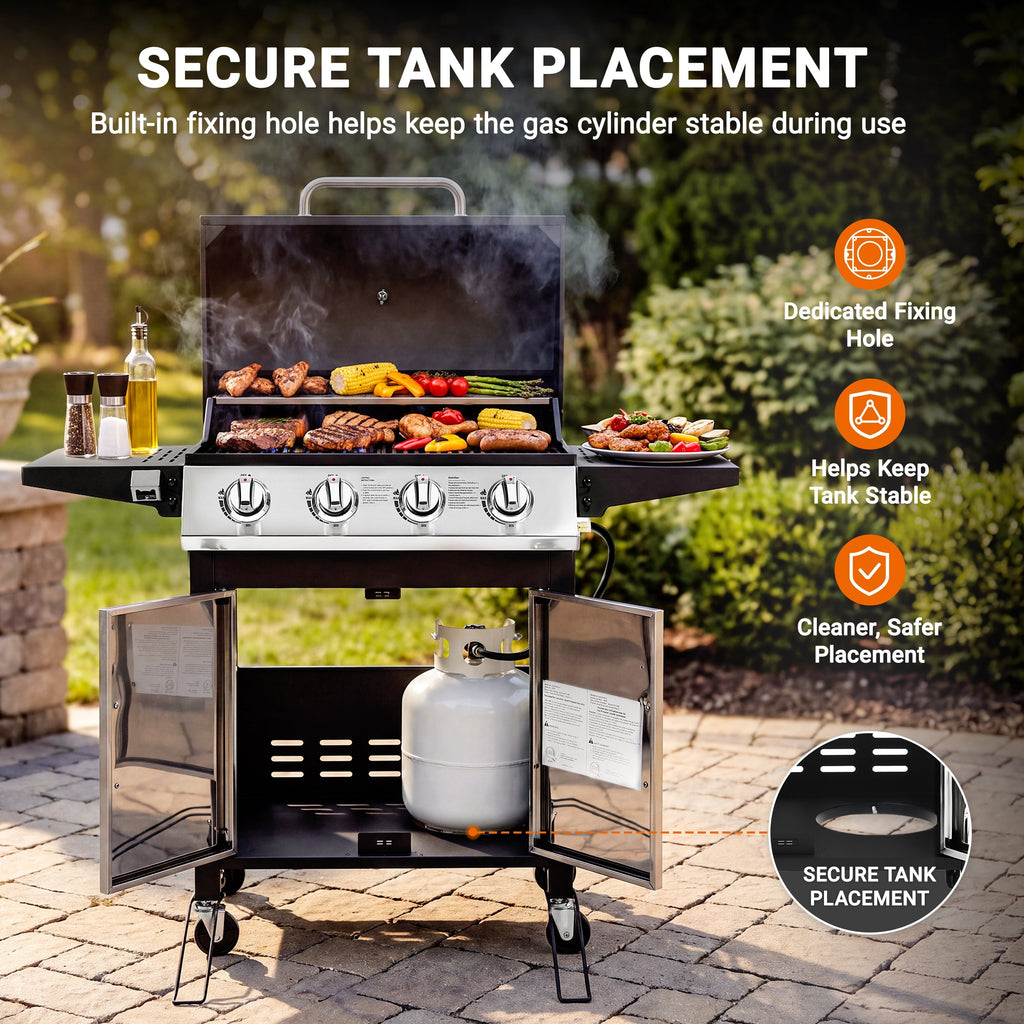 SEGMART 4 Burner BBQ Propane Gas Grill, Stainless Steel 40,000 BTU Patio Garden Barbecue Grill with Folding Side Tables, Thermometer & Bottle Opener