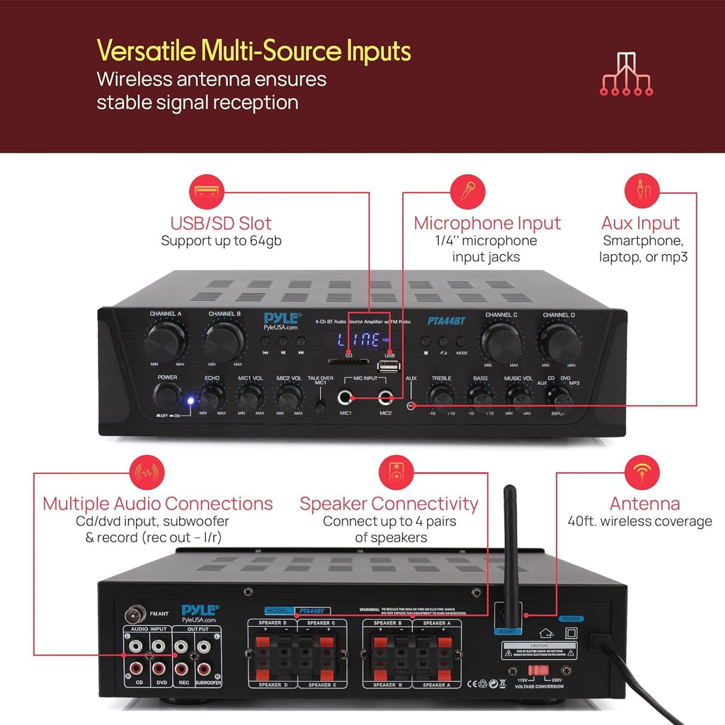 Pyle PTA44BT Bluetooth Home Audio 500 Watt 4 Channel Amplifier Stereo Receiver