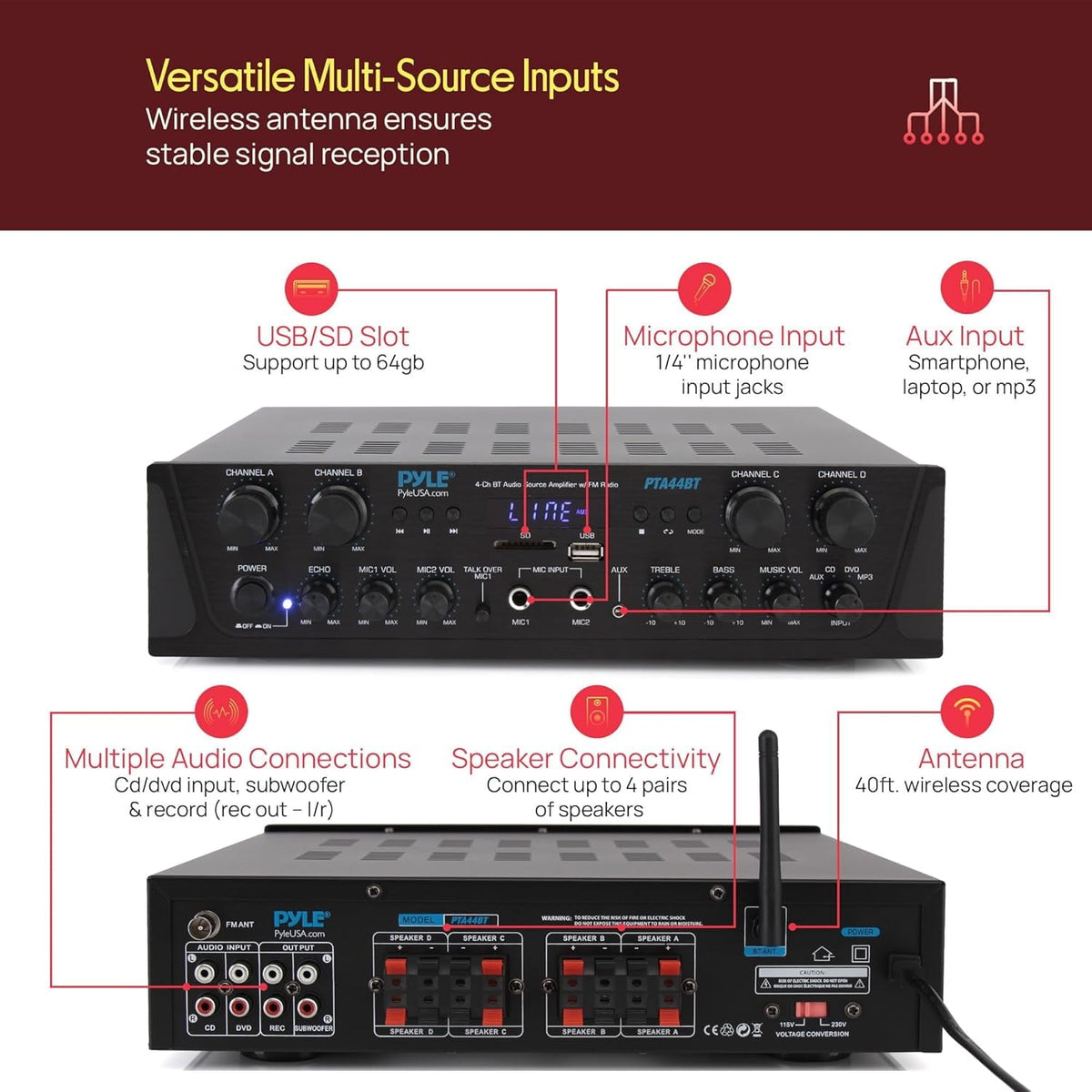 Pyle PTA44BT Bluetooth Home Audio 500 Watt 4 Channel Amplifier Stereo Receiver