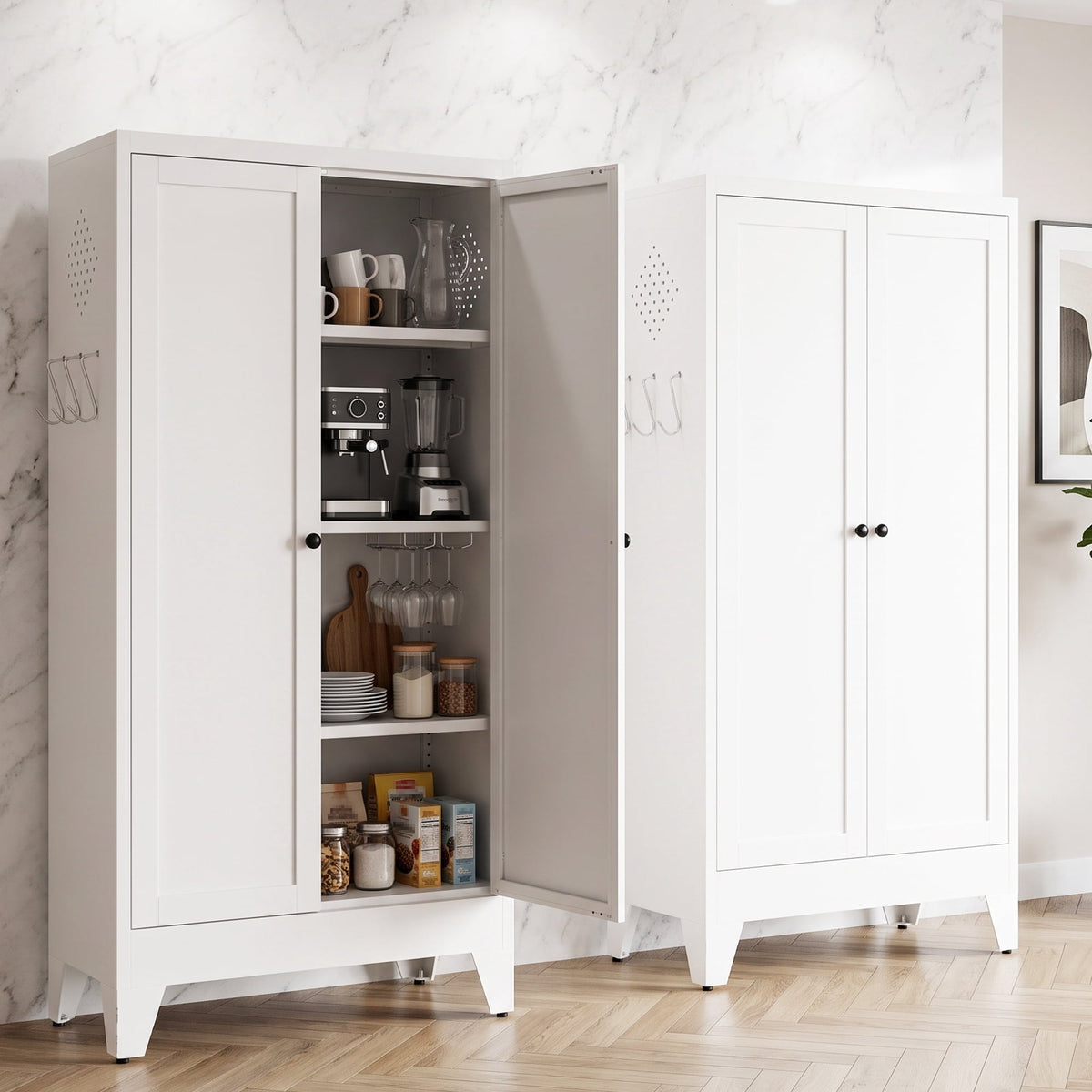 Glyxxen 47" Kitchen Pantry Cabinet, Metal Storage Cabinet, Modern Tall Steel Pantry Cupboard with 2 Doors and Adjustable Shelves for Kitchen Garage