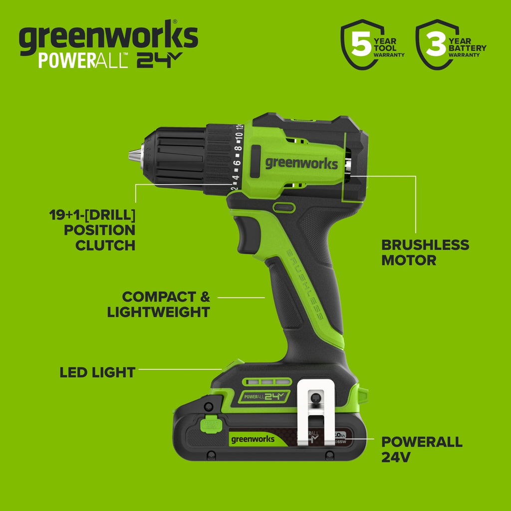 Greenworks PowerAll 24V 3/8" 280 in-lb Drill, with 2.0 Ah USB-C Battery, 30W USB-C Charger Block, 3' 100W USB-C Cable