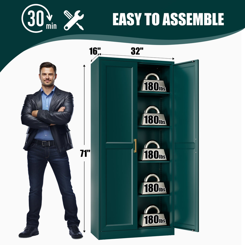 Polup 71" Green Pantry Storage Cabinet with 2 Doors, Tall Metal Kitchen Cabinet with Adjustable Shelves, Freestanding Cupboard for Garage, Laundry
