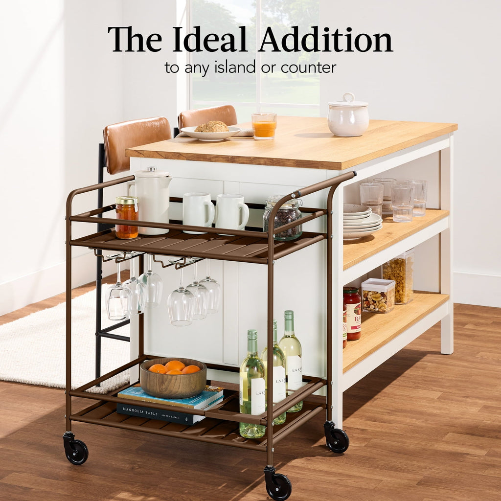 Best Choice Products 2-Tier Rolling Bar Cart Indoor/Outdoor w/ Storage Shelves, Wine Rack, Lockable Wheels - Brown