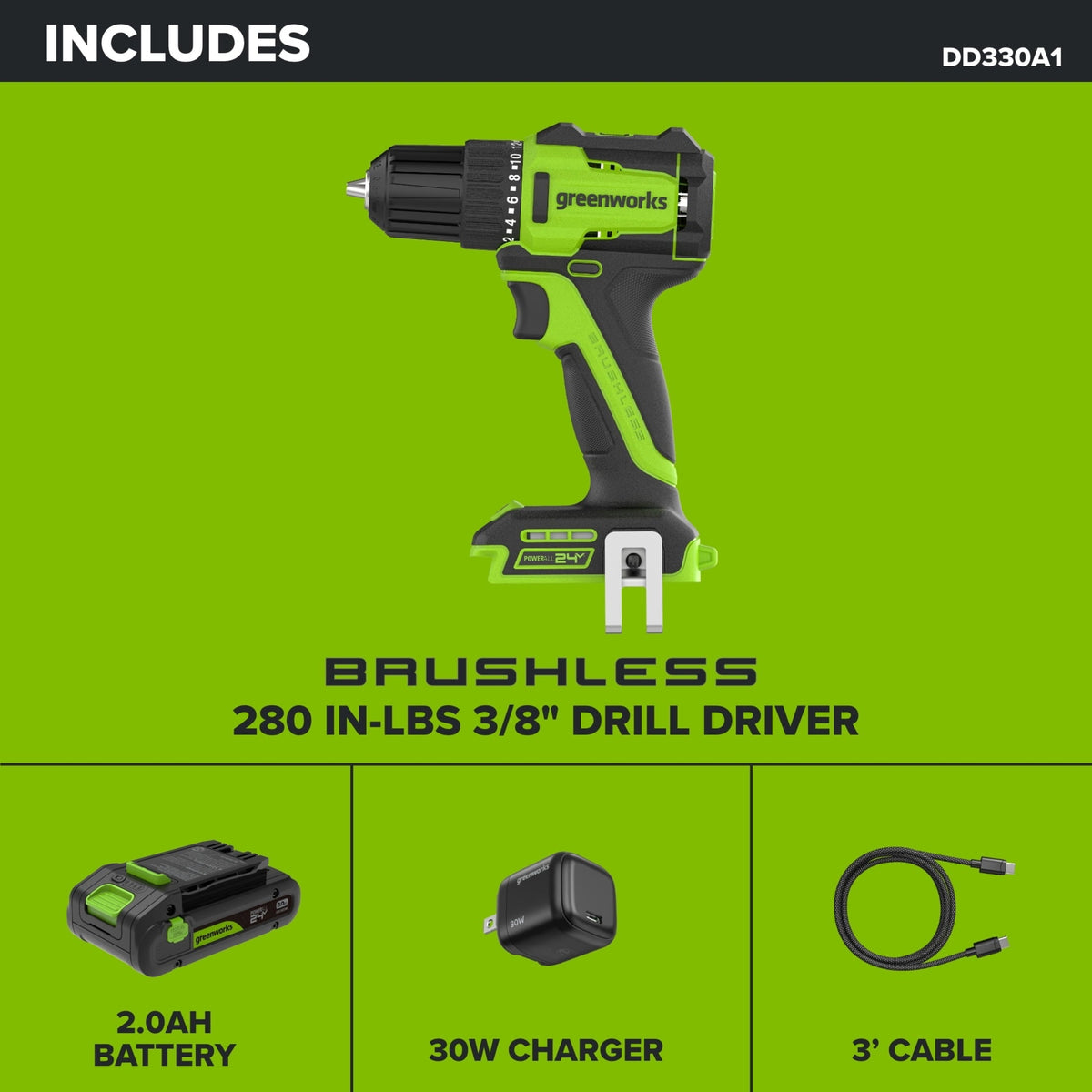 Greenworks PowerAll 24V 3/8" 280 in-lb Drill, with 2.0 Ah USB-C Battery, 30W USB-C Charger Block, 3' 100W USB-C Cable