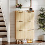 Ktaxon Fluted Shoe Cabinet with 3 Flip Drawers, Narrow Shoes Storage for Entryway, Oak