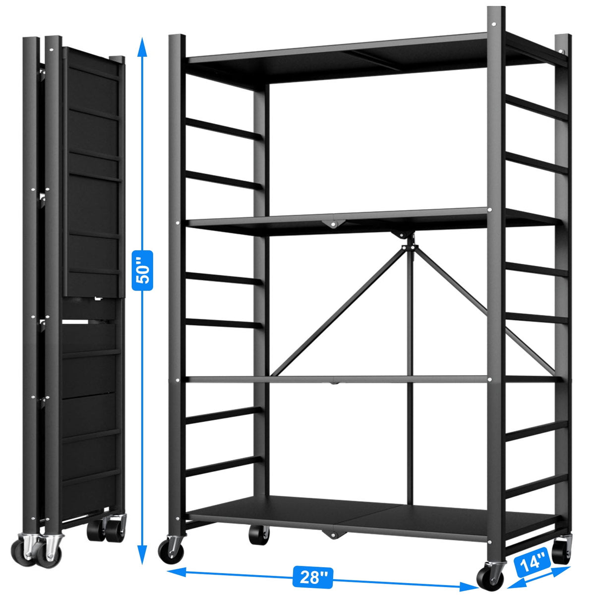 4-Tier Storage Shelving Unit, 397lbs Capacity Heavy Duty Metal Shelf , Foldable Storage Shelf with Wheels, Garage Shelf, Metal Storage Rack, Kitchen