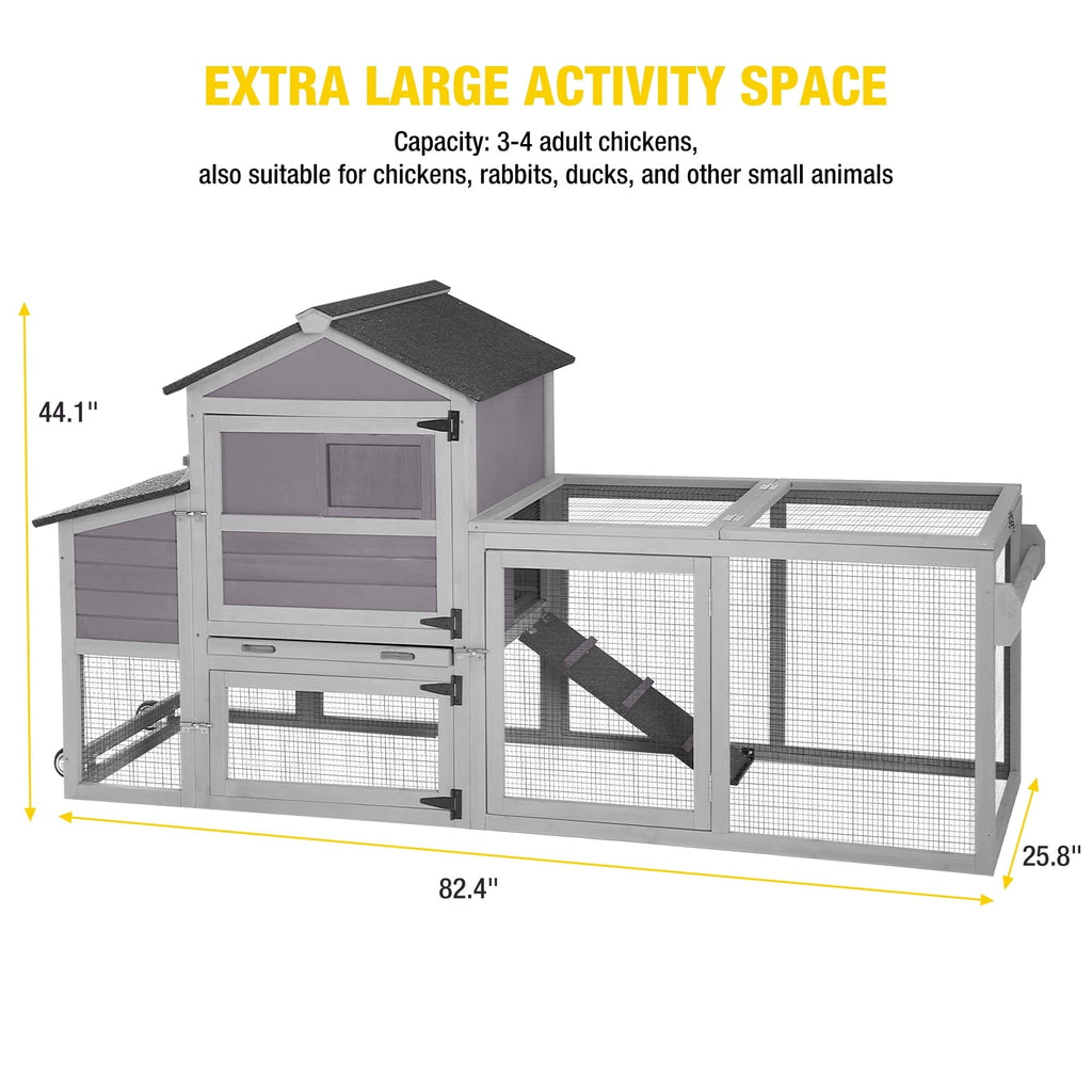 Aivituvin 82.4" Chicken Coop with Wheels, Large Hen House with Run, Chicken Cage for 4-6 Chickens, Weatherproof Asphalt Roof, Nesting Box & Pull-Out