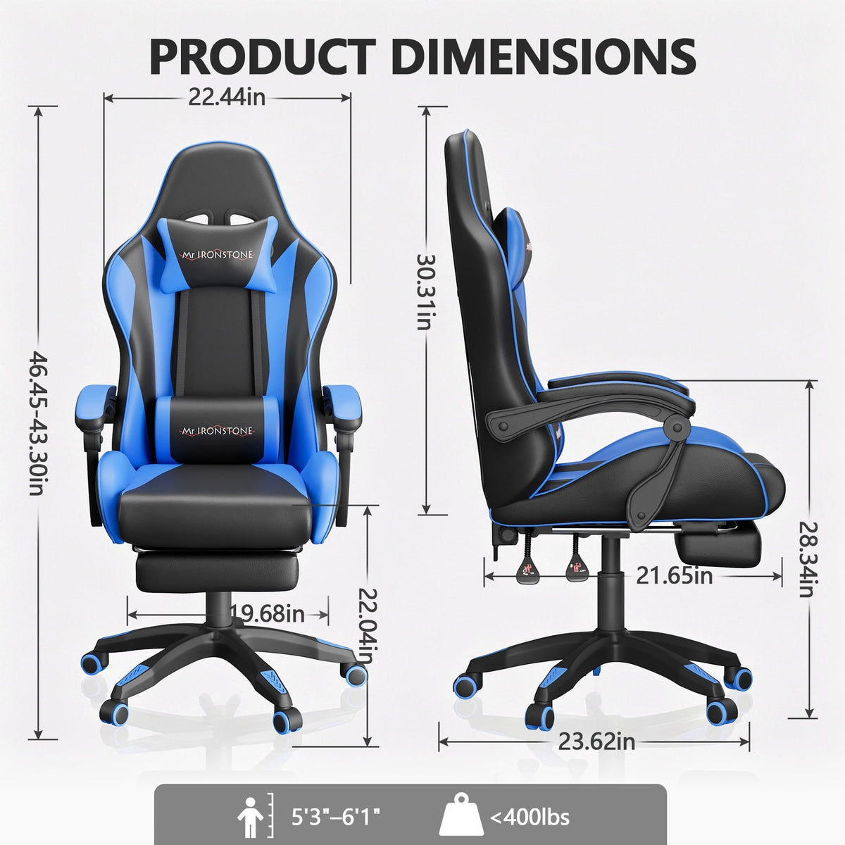 Mr IRONSTONE Ergonomic Gaming Chair with Massage Lumbar Support and Footrest, Heavy Duty 400lbs Computer Chair for Adults, Blue/Black