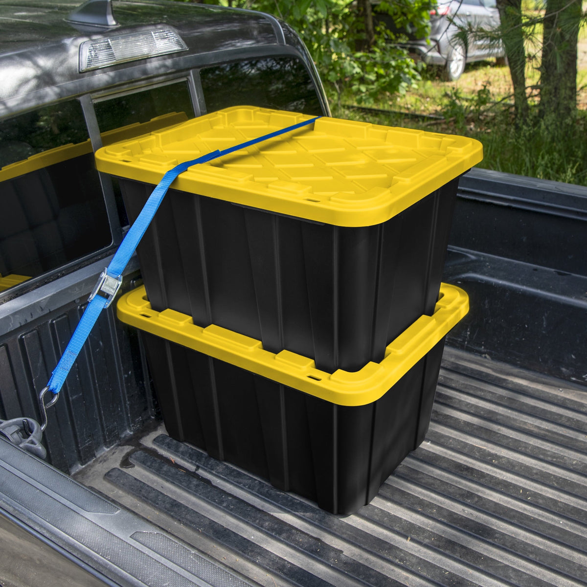 Sterilite 27 Gal Large Plastic Industrial Storage Bin with Snap-Fit Lid, Black and Yellow, 6 Pack
