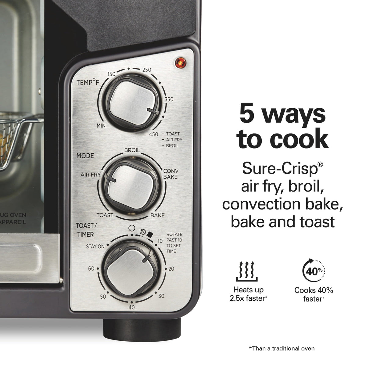 Hamilton Beach Easy View XL Air Fryer Toaster Oven with Sure-Crisp Air Fry technology, 6 Slice, 5-in-1 Countertop Oven, Black