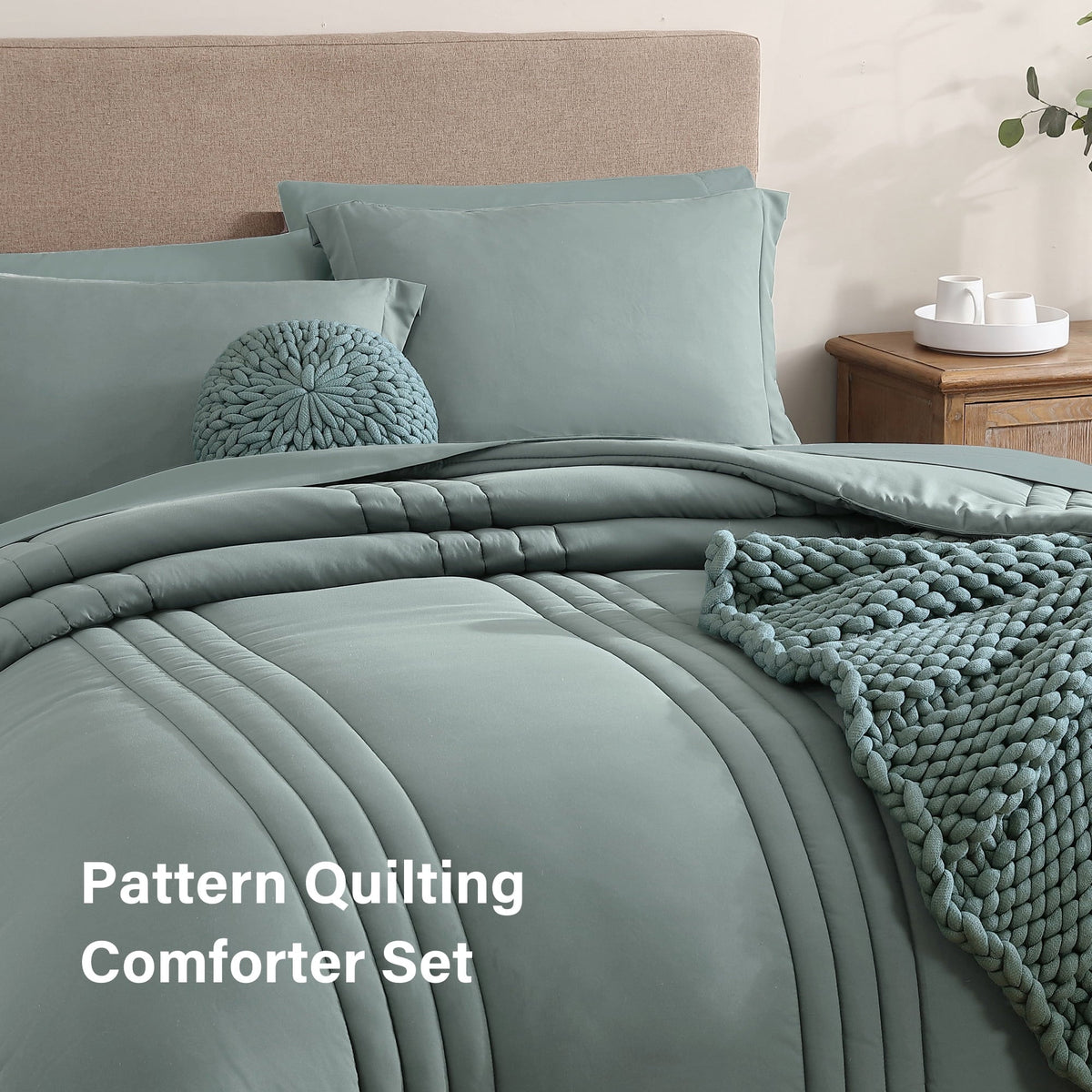 Amberspace 7-Piece Bed in a Bag Comforter Set with Sheets,Sage Green,Queen