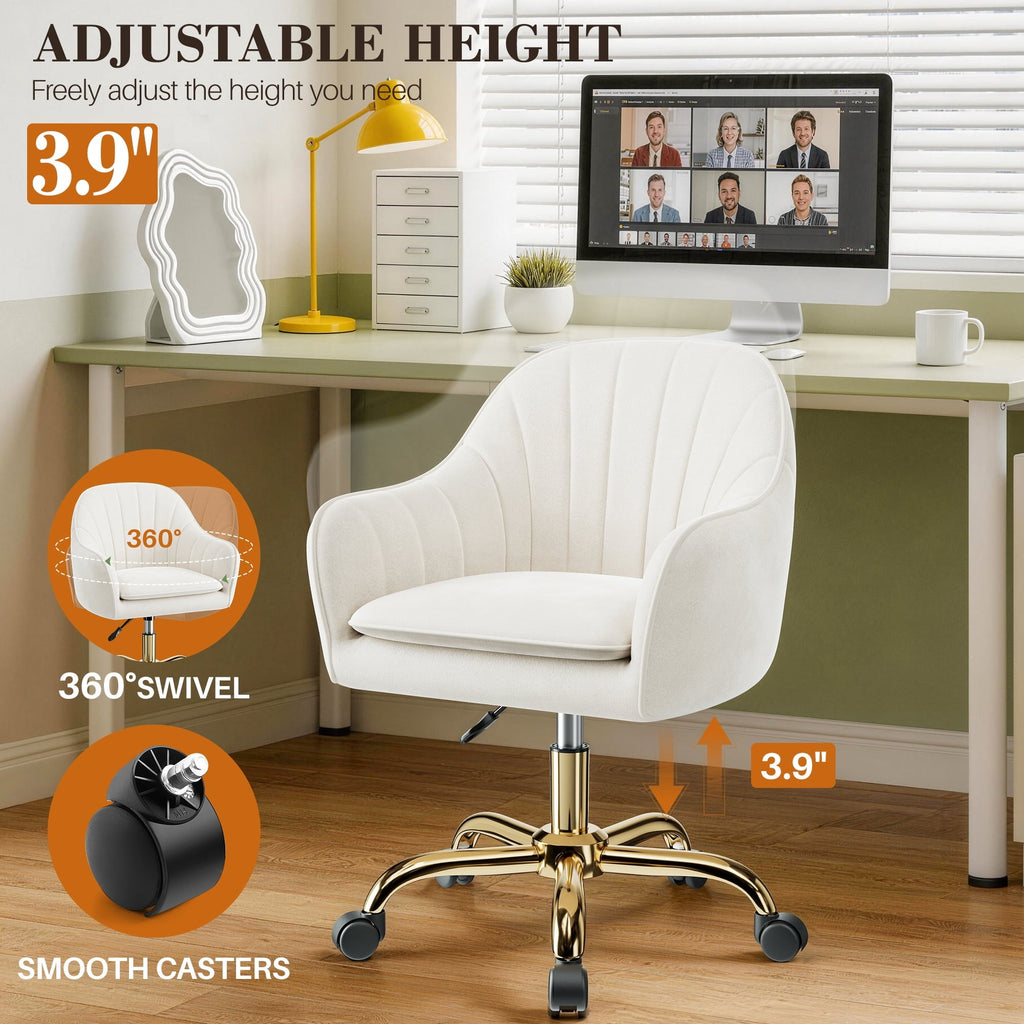 COOLHUT Office Desk Chair with Padded, Velvet Vanity Chair with Back and Wheels, Comfy Home Office Chiar with Gold Legs, Height Adjustable, Rolling