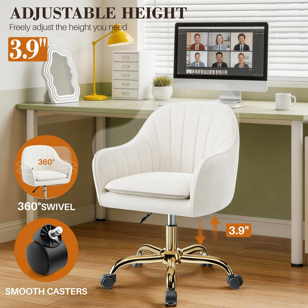 COOLHUT Office Desk Chair with Padded, Velvet Vanity Chair with Back and Wheels, Comfy Home Office Chiar with Gold Legs, Height Adjustable, Rolling