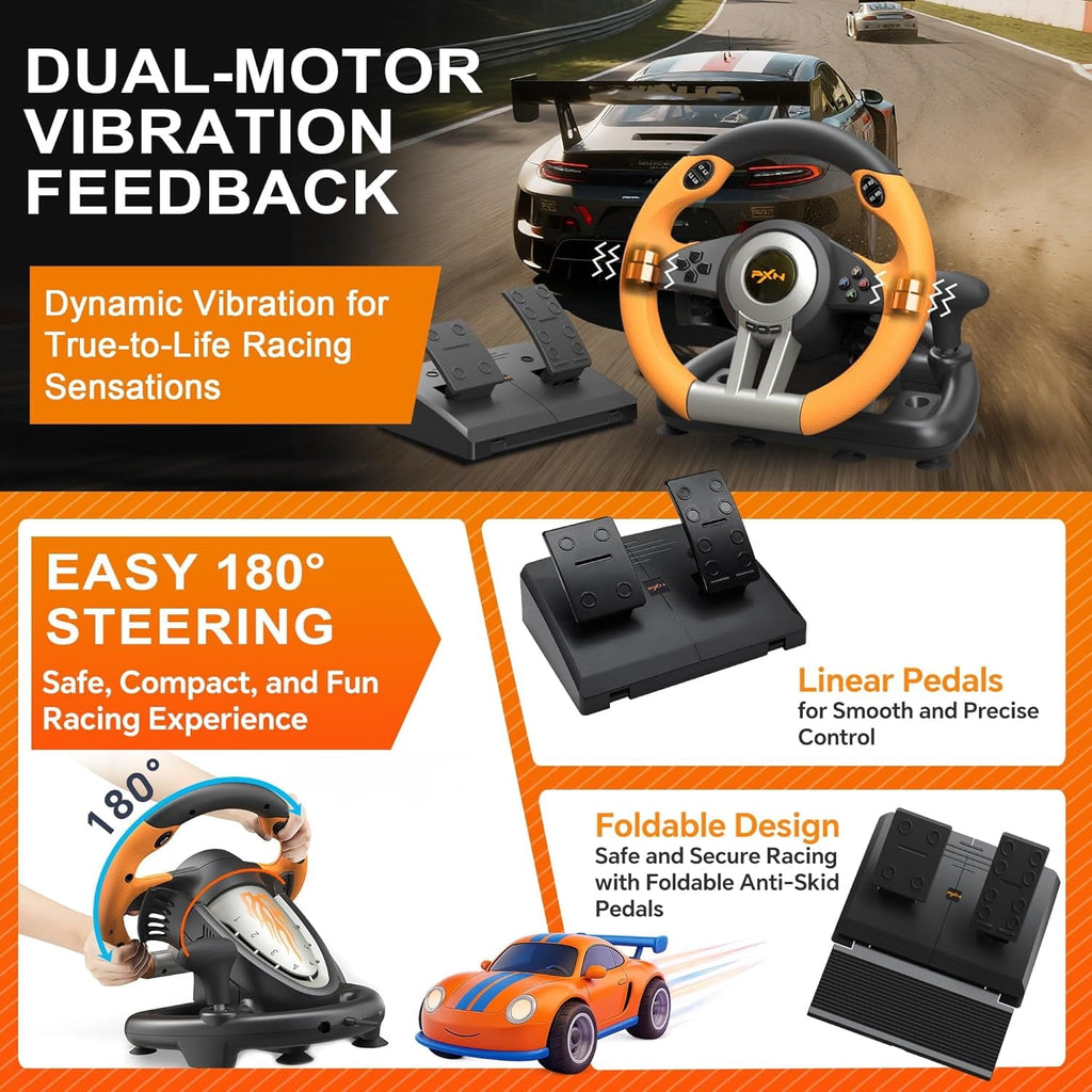PXN V3 Racing Wheel, 180° Steering Wheel with Linear Pedals and Paddle Shifters, Compatible with Xbox Series X|S, PC, PS4 and Nintendo Switch, Orange