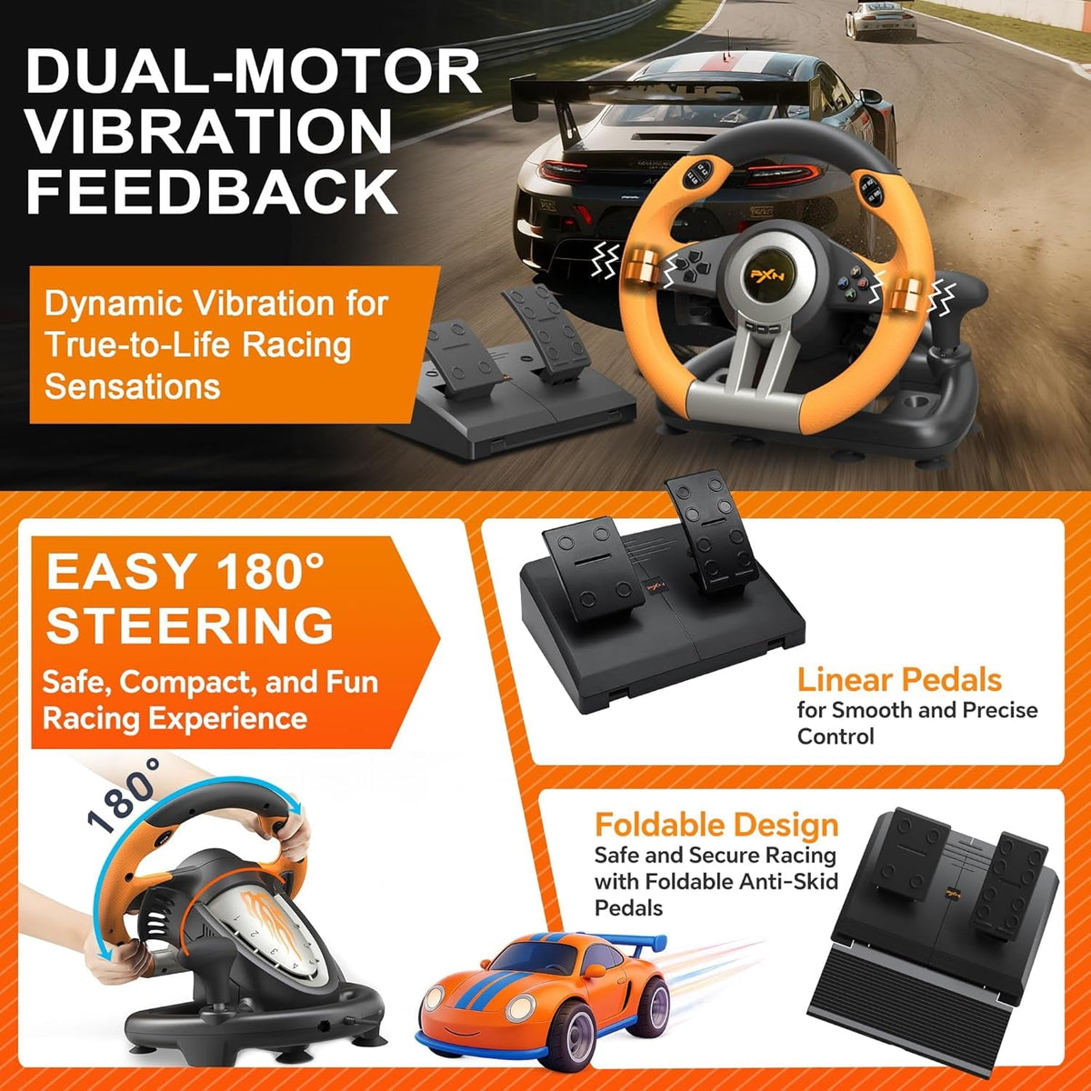 PXN V3 Racing Wheel, 180° Steering Wheel with Linear Pedals and Paddle Shifters, Compatible with Xbox Series X|S, PC, PS4 and Nintendo Switch, Orange
