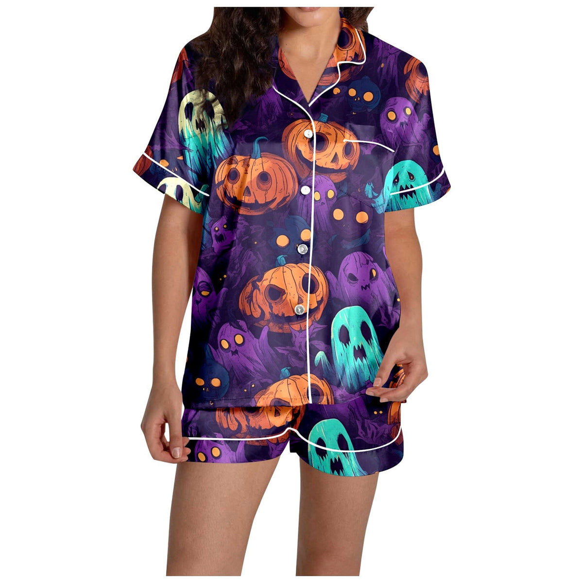MEZZALL Women Halloween Printed Pajama With Lapel Collar Short Sleeve Tops And Shorts For Home Wear Cozy For Lightweight And Breathable Comfort Relaxed Fit 2 Piece Pjs
