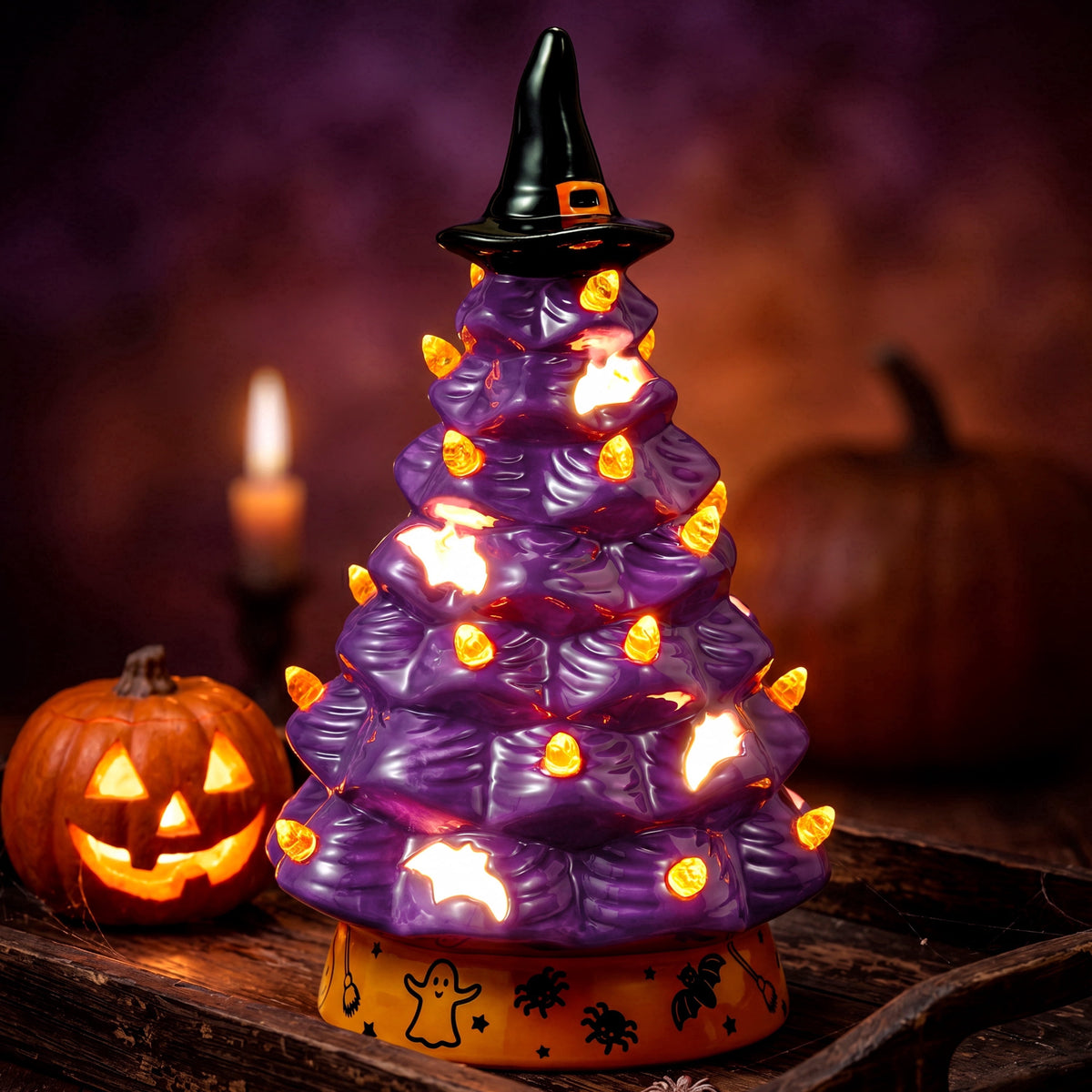 Joyfy 8.5 inch Halloween Decorations Ceramic Gnome Tree Decorations with Build-in LEDs, Light Up Pumpkin Table Decor Bedroom Indoor Centerpieces for Tables