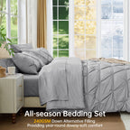 Sasttie Queen Size Comforter Set, 7-Piece Bed in a Bag, Pintuck Bedding Sets for All Season, Light Grey