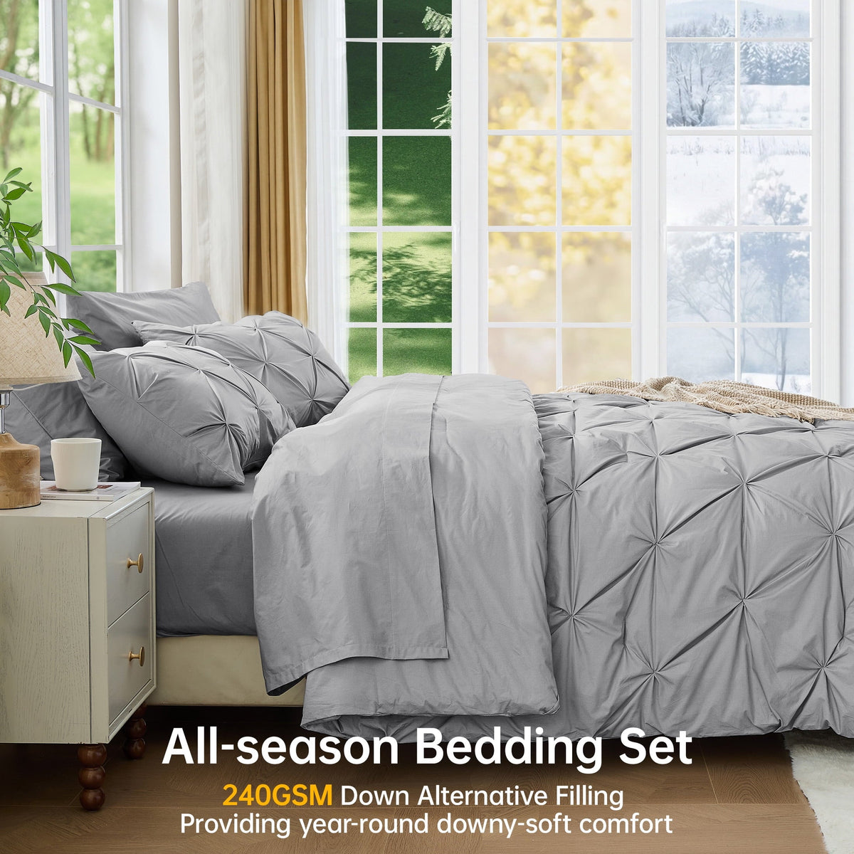 Sasttie Queen Size Comforter Set, 7-Piece Bed in a Bag, Pintuck Bedding Sets for All Season, Light Grey