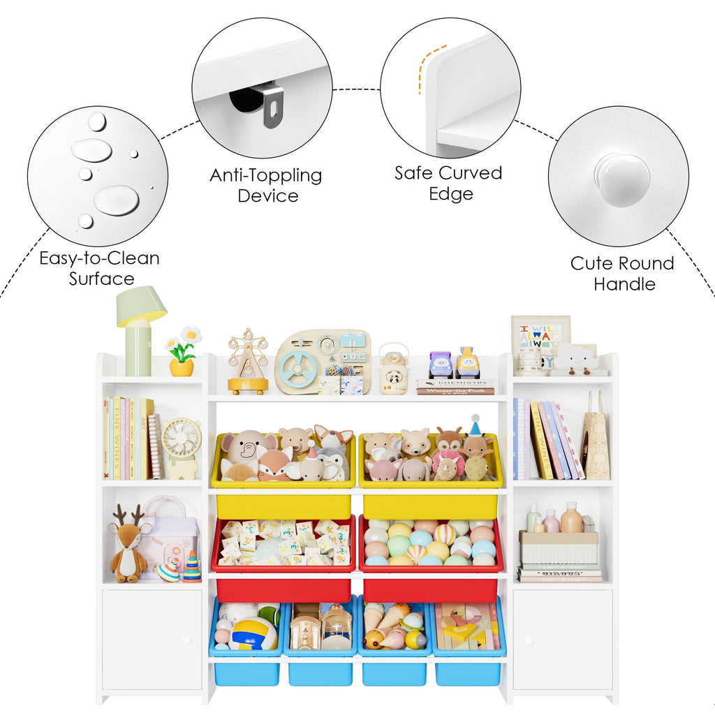 Homfa Kids Toy Storage Organizer Shelf with 8 Cube Storage Bins, White Kids Bookcase, Wood Toy Boxes for Playroom, White/ Primary