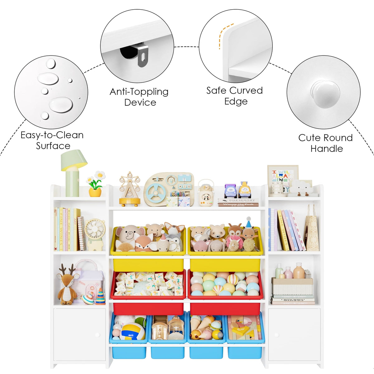 Homfa Kids Toy Storage Organizer Shelf with 8 Cube Storage Bins, White Kids Bookcase, Wood Toy Boxes for Playroom, White/ Primary