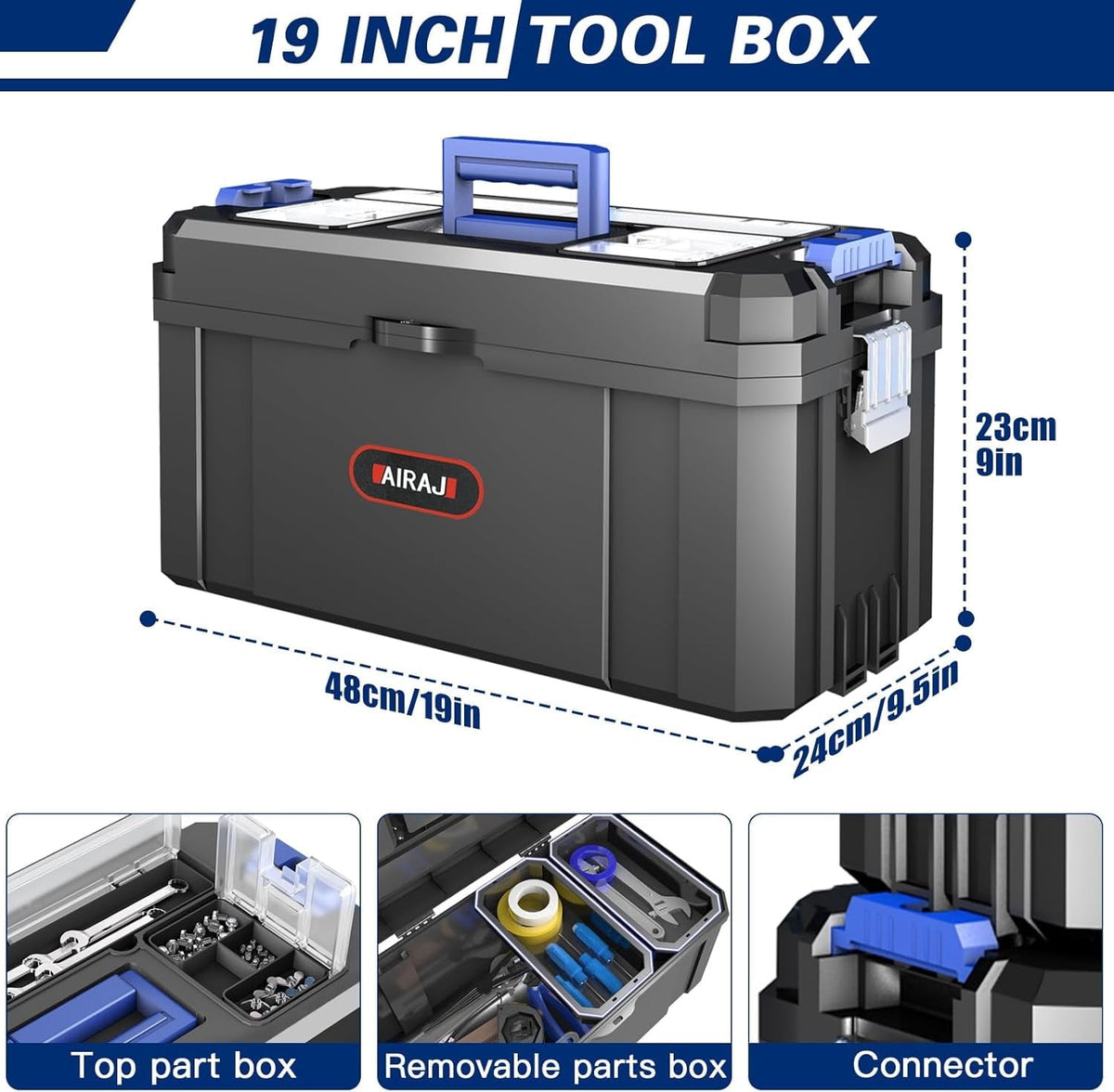 AIRAJ 3-in-1 Rolling Tool Box with Wheels Stackable Tool Chest Tool Storage Organizer Removable Trays 17 in 19 in 21 in Garage Workshop