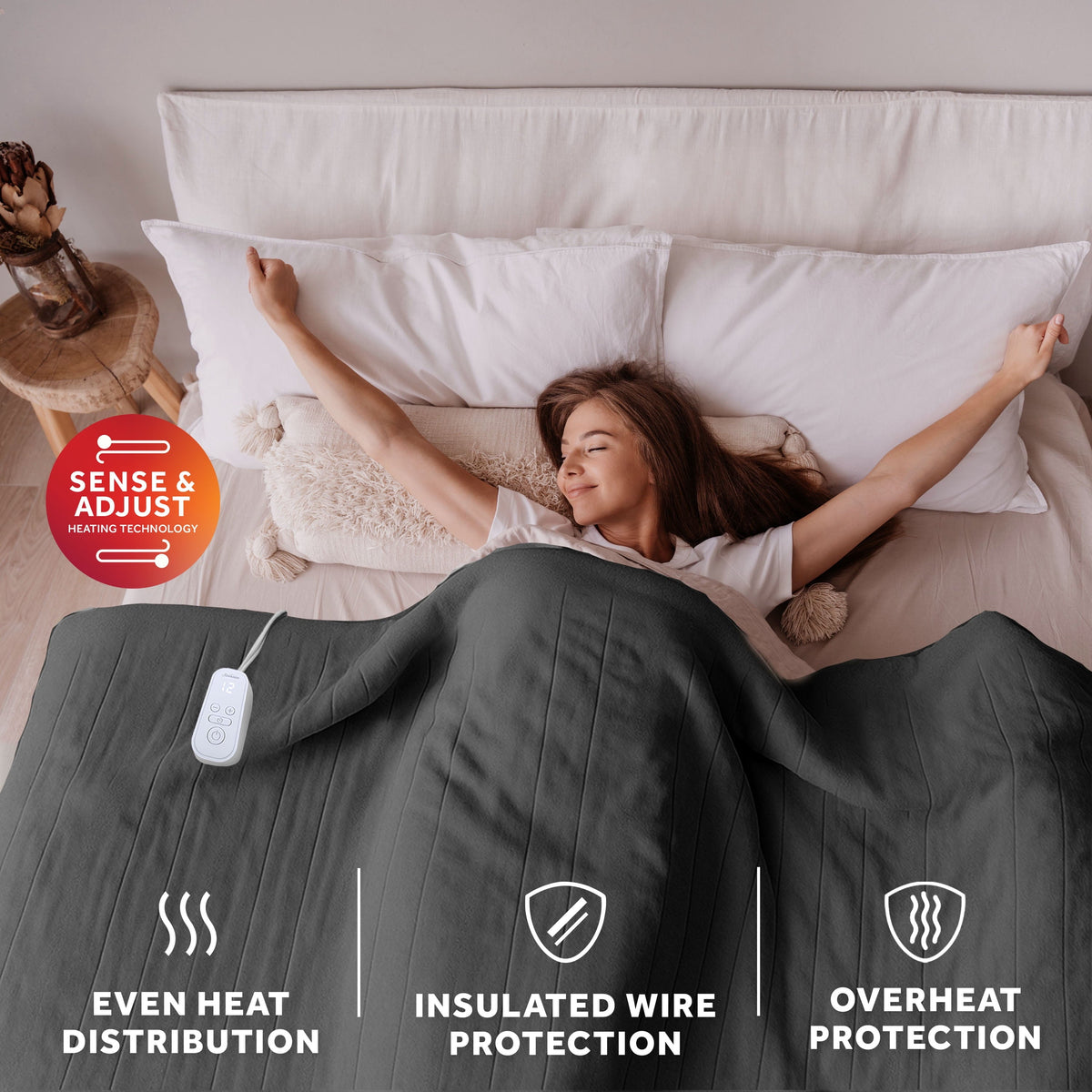 Sunbeam Heated Electric Microplush Bed Blanket, Greystone, Twin Size, 12 Heat Settings, 62 x 84 in