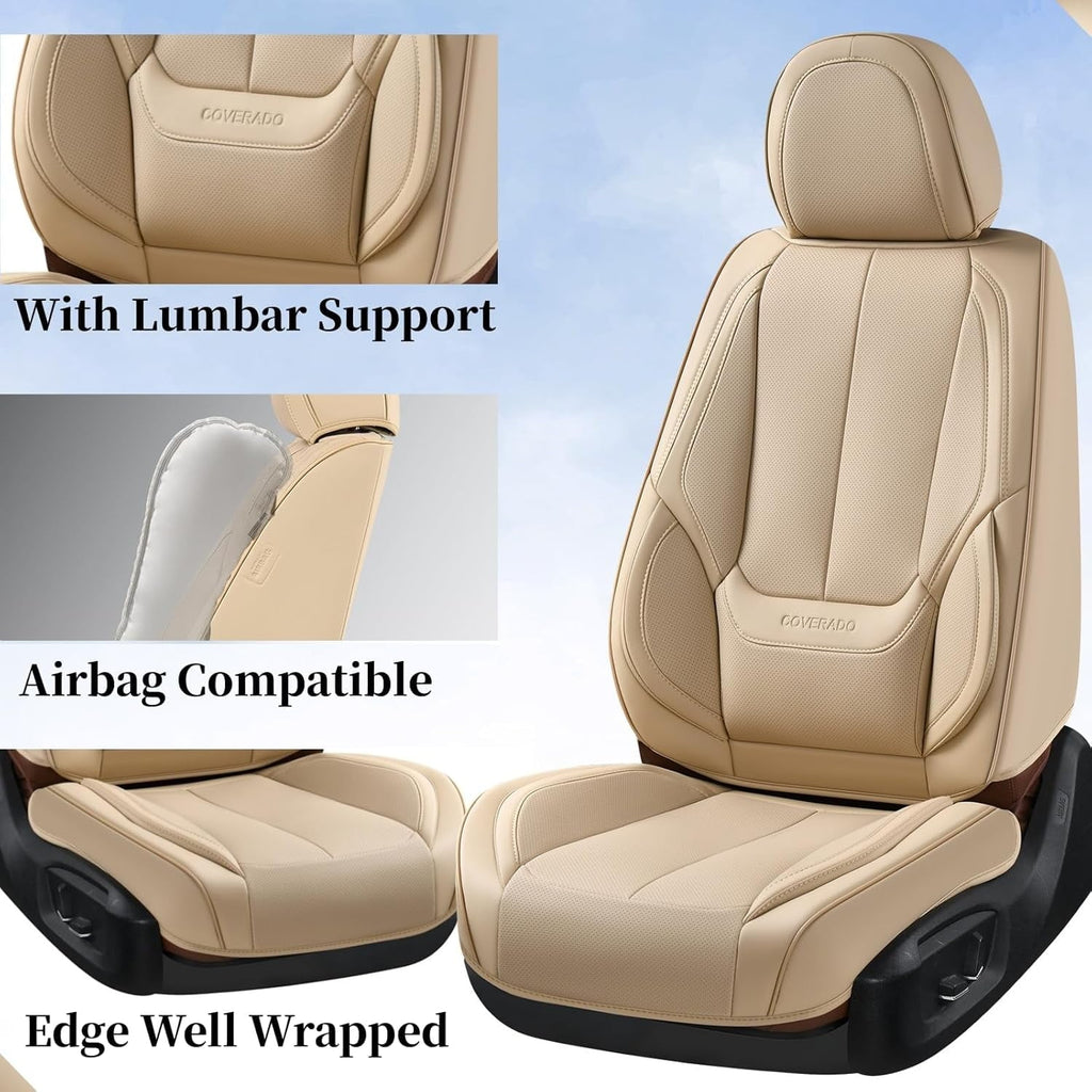 Coverado Beige Front Car Seat Covers, Stylish Waterproof Premium Leather Automotive Seat Protectors, Airbag Compatible Auto Interior Accessories