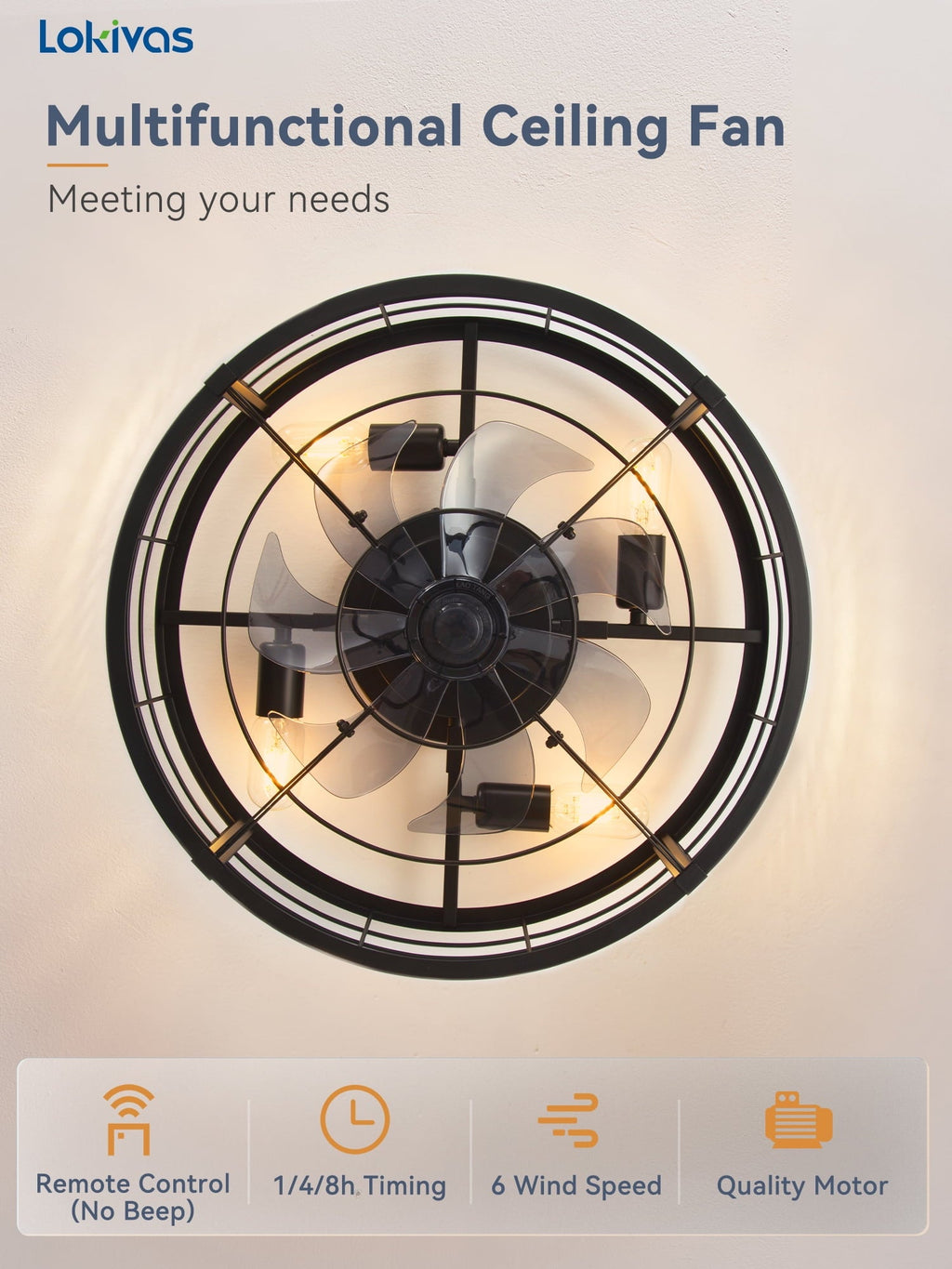 Lokivas 20in Flush Mount Ceiling Fans with Light, Quiet DC Motor, 6 Speeds & Remote Control