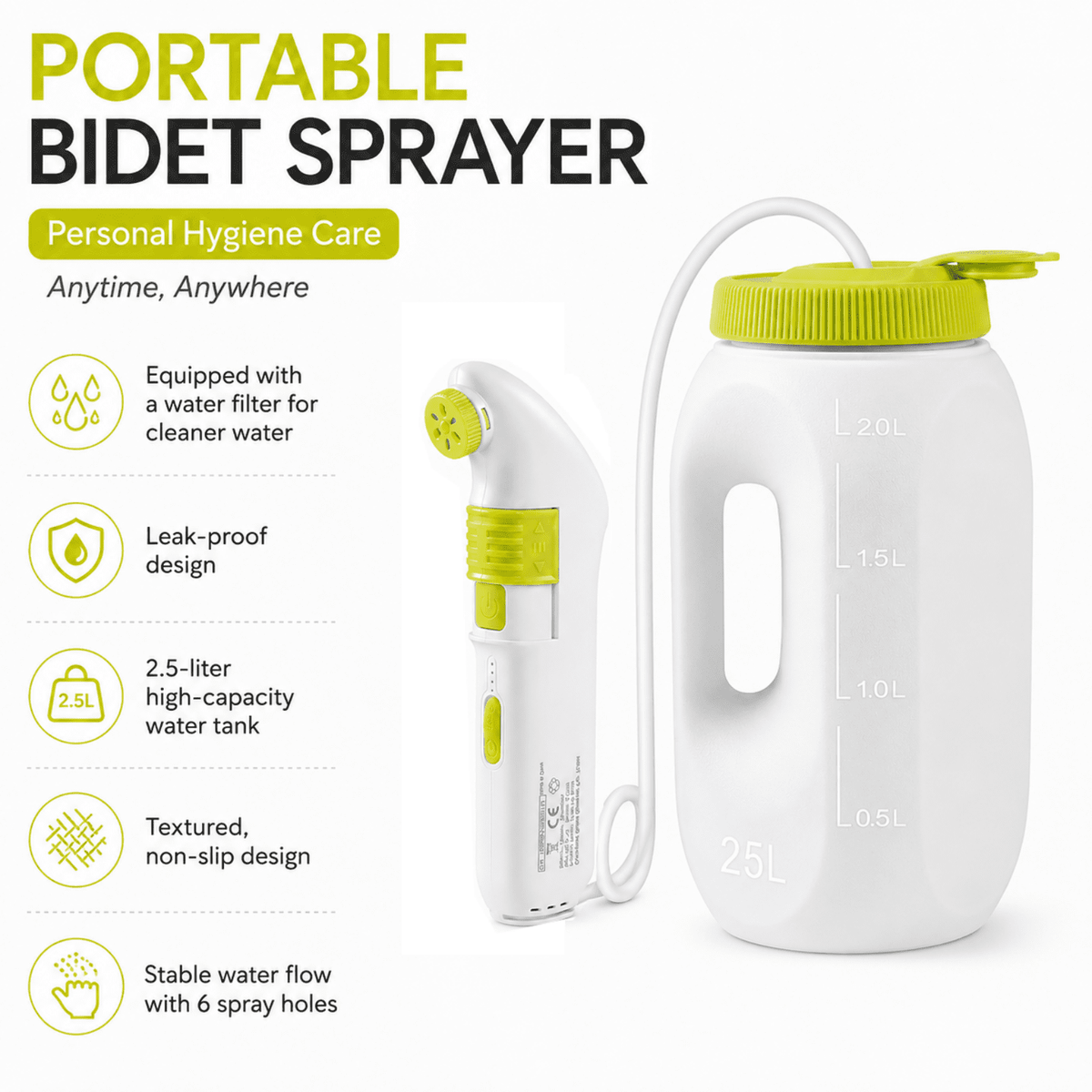 DAEX Electric Portable Bidet for Travel, Rechargeable Handheld Travel Bidet with 2.5L Water Bottle, Personal Hygiene Washer for Camping, RV and Home