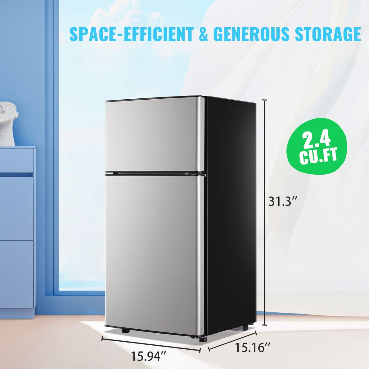 DEMULLER 2.4 Cu.ft Mini Refrigerator Small Fridge with Freezer Dual Door Fridge New Silver