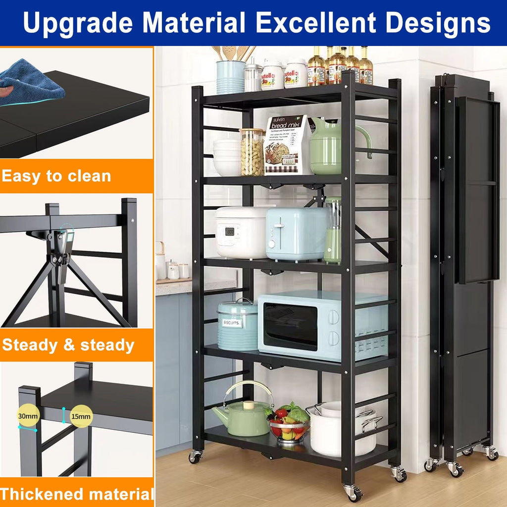 4-Tier Storage Shelving Unit, 397lbs Capacity Heavy Duty Metal Shelf , Foldable Storage Shelf with Wheels, Garage Shelf, Metal Storage Rack, Kitchen