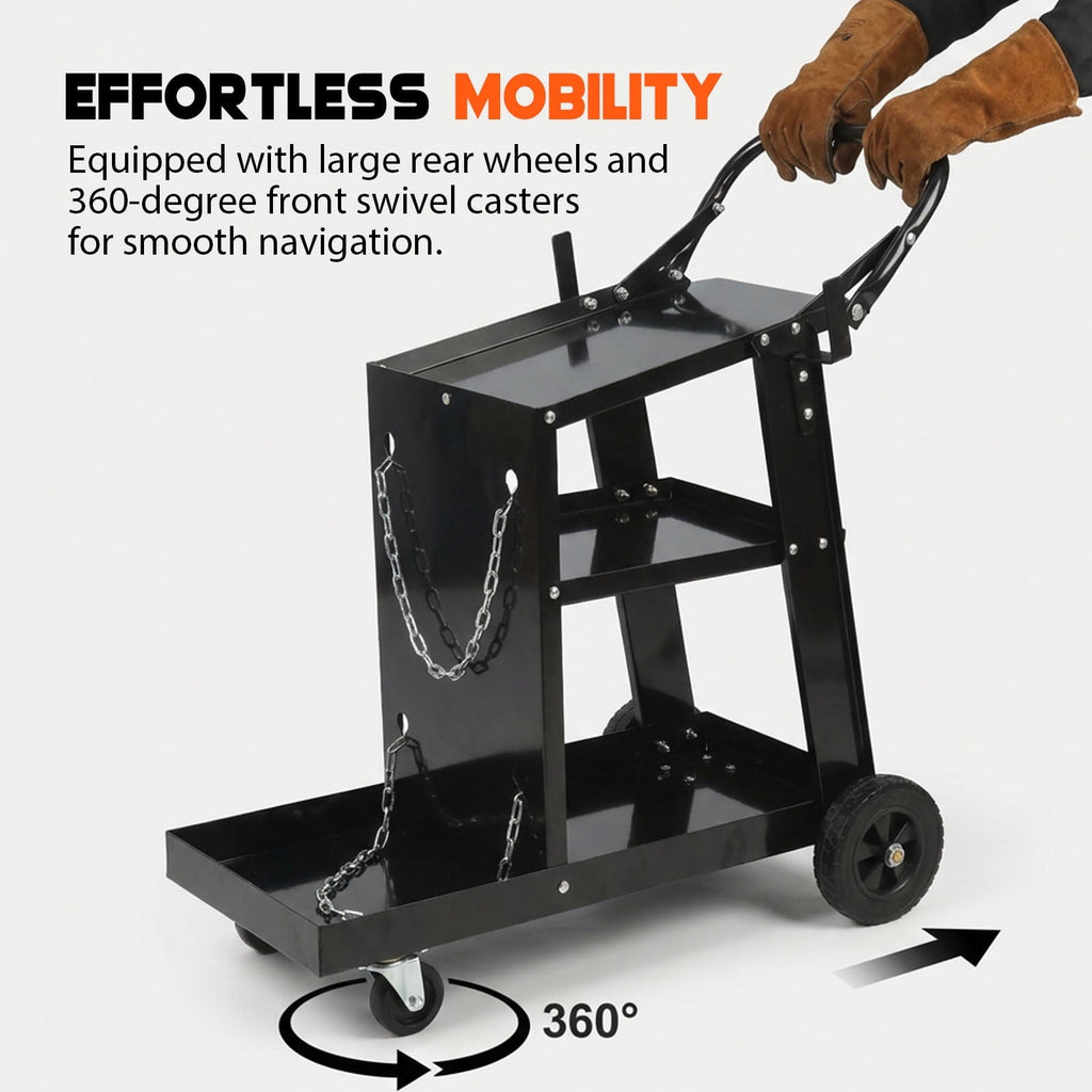 Welding Cart, 3-Tier Welder Cart Heavy Duty with 400 Lbs Weight Capacity, 360° Swivel Wheels, Tank Storage Safety Chains, Rolling MIG Welder Cart for